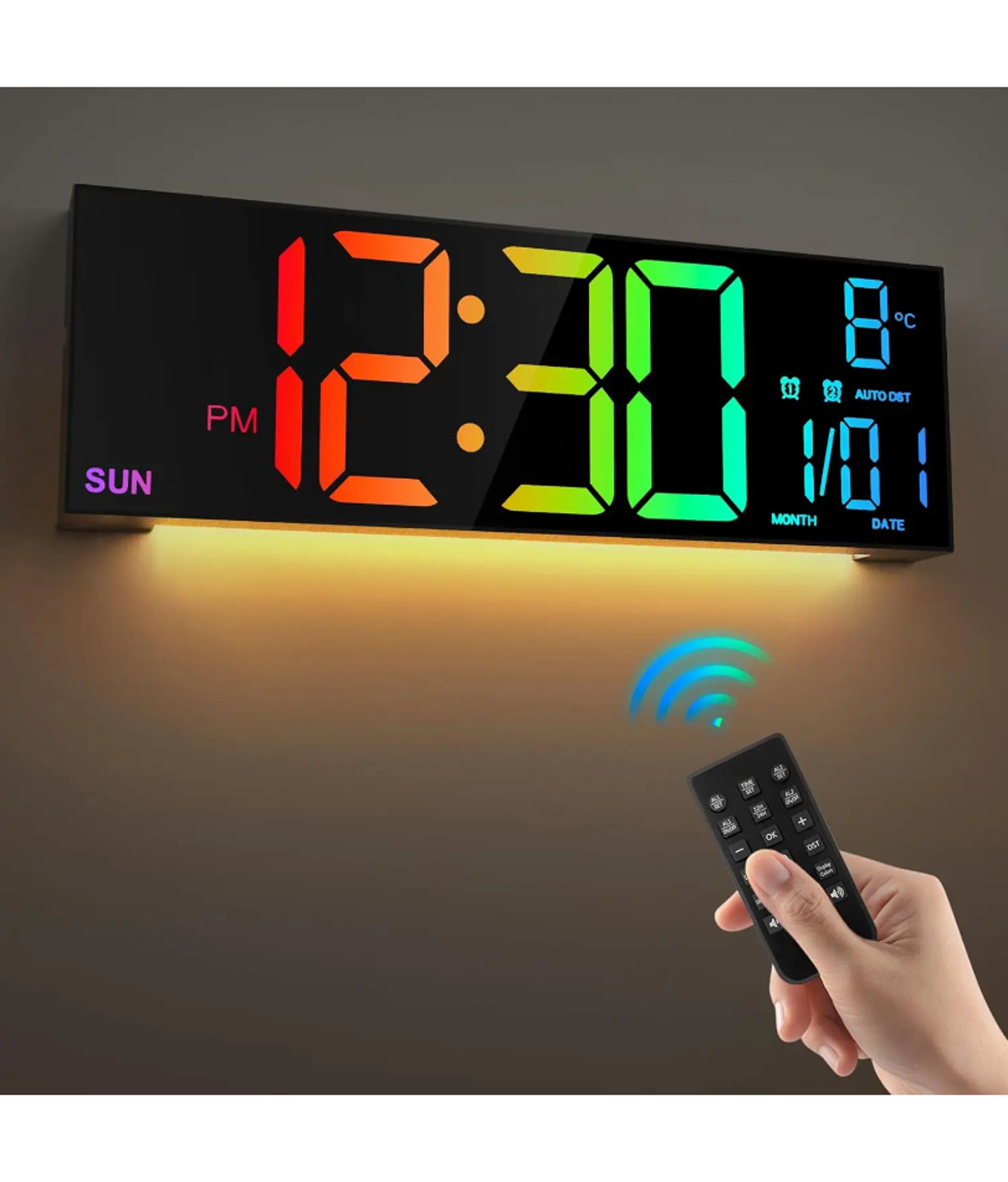 Large Digital Wall Clock with Remote Control, RGB LED Display & Dual Alarm – view 1