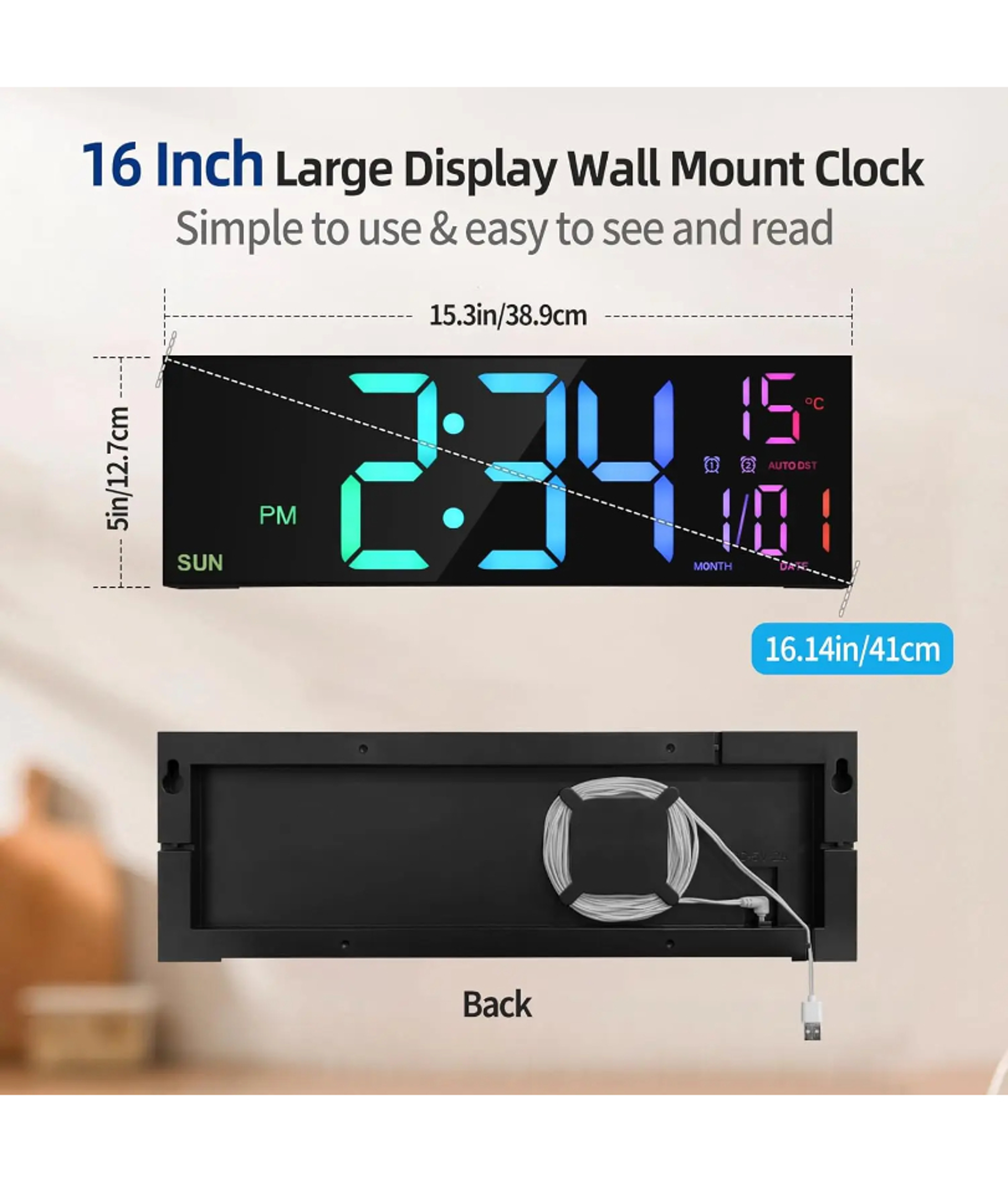 Large Digital Wall Clock with Remote Control, RGB LED Display & Dual Alarm – view 2