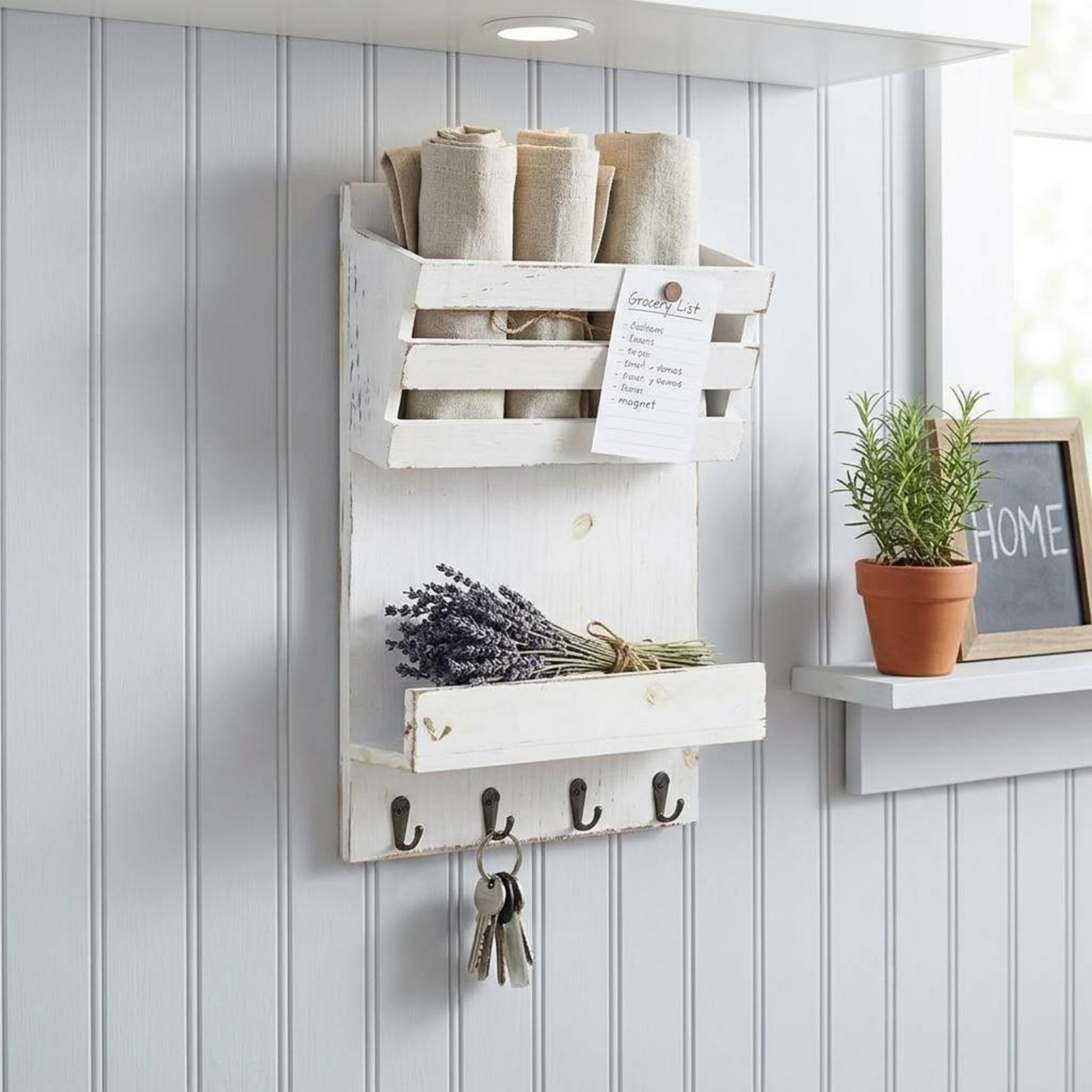 Rustic Wall Mail Organizer with Hooks & Shelf  Wooden Entryway Key Holder – view 6
