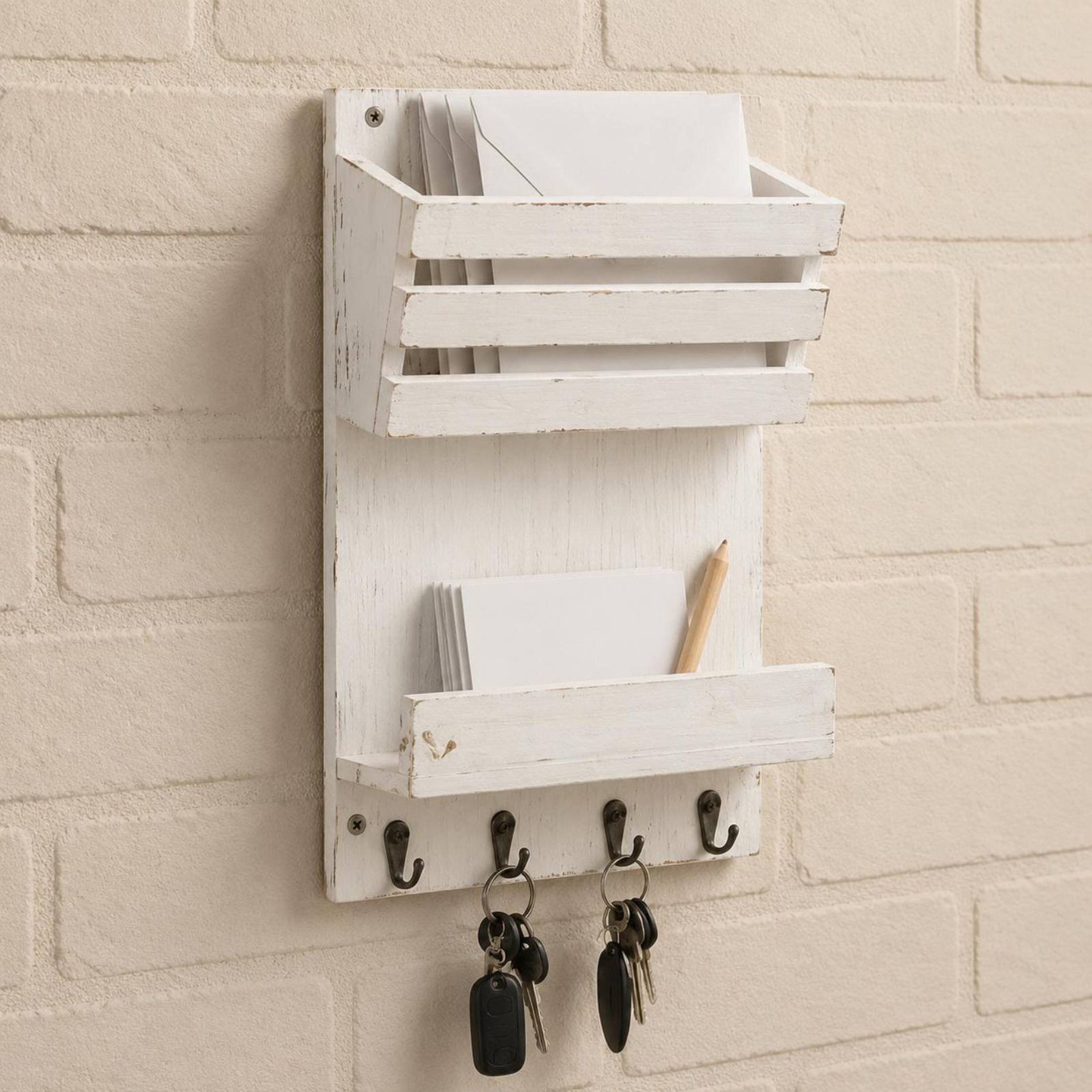 Rustic Wall Mail Organizer with Hooks & Shelf | Wooden Entryway Key Holder – view 5