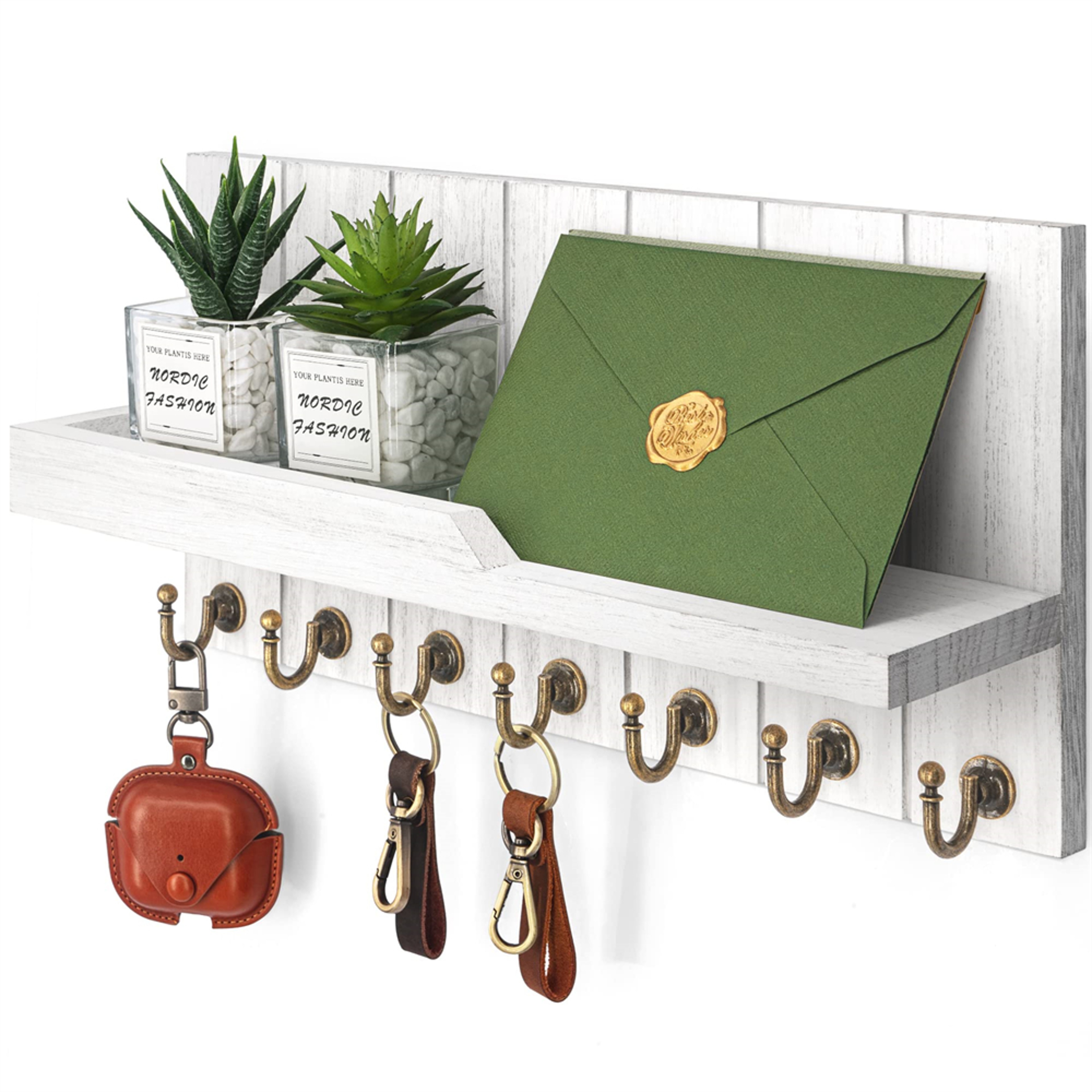 Rustic Wall Key Holder With Shelf  Hooks Entryway Mail Organizer 7