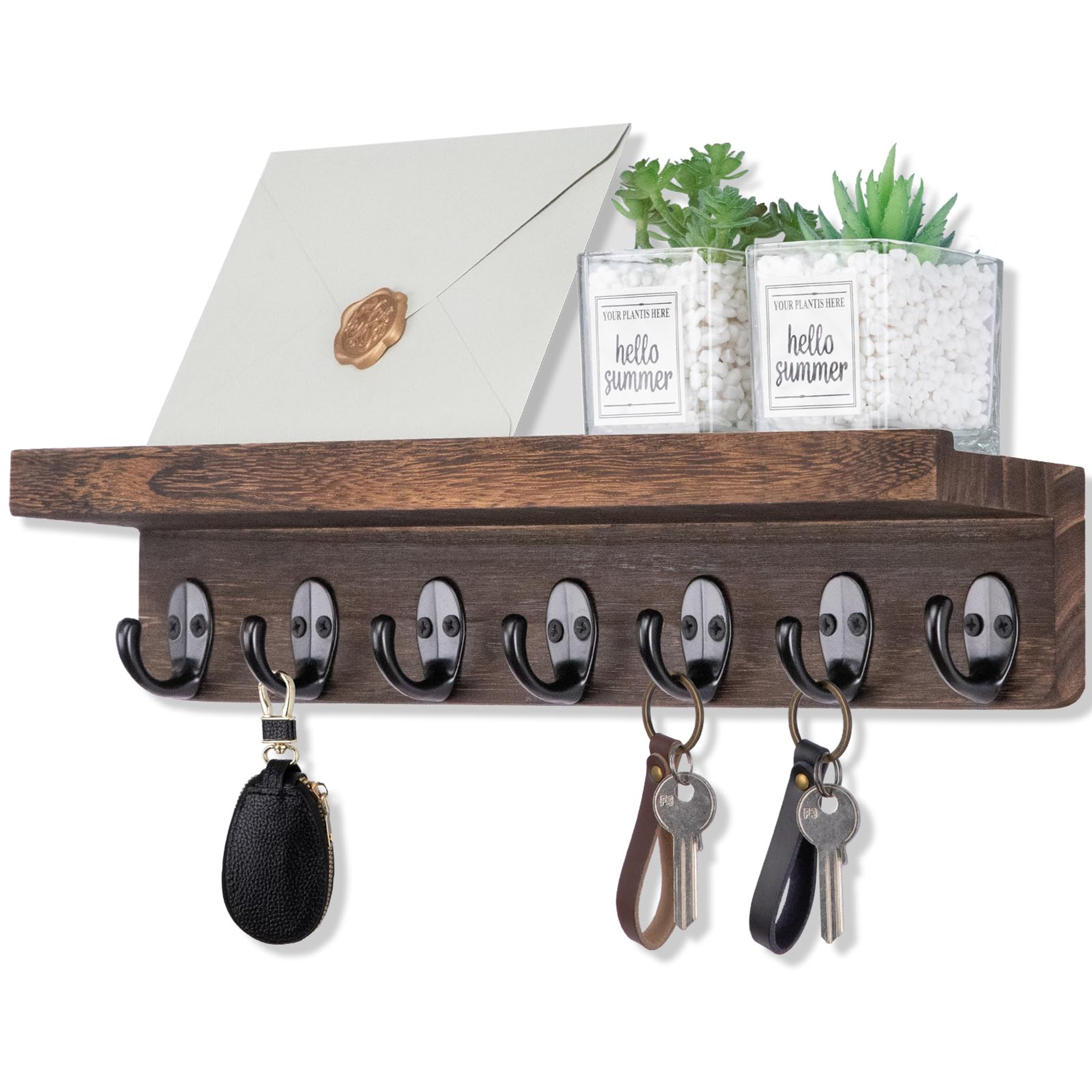 Rustic Wall Key Holder With Shelf  Mail Organizer For Entryway Farmhouse Home Decor 0