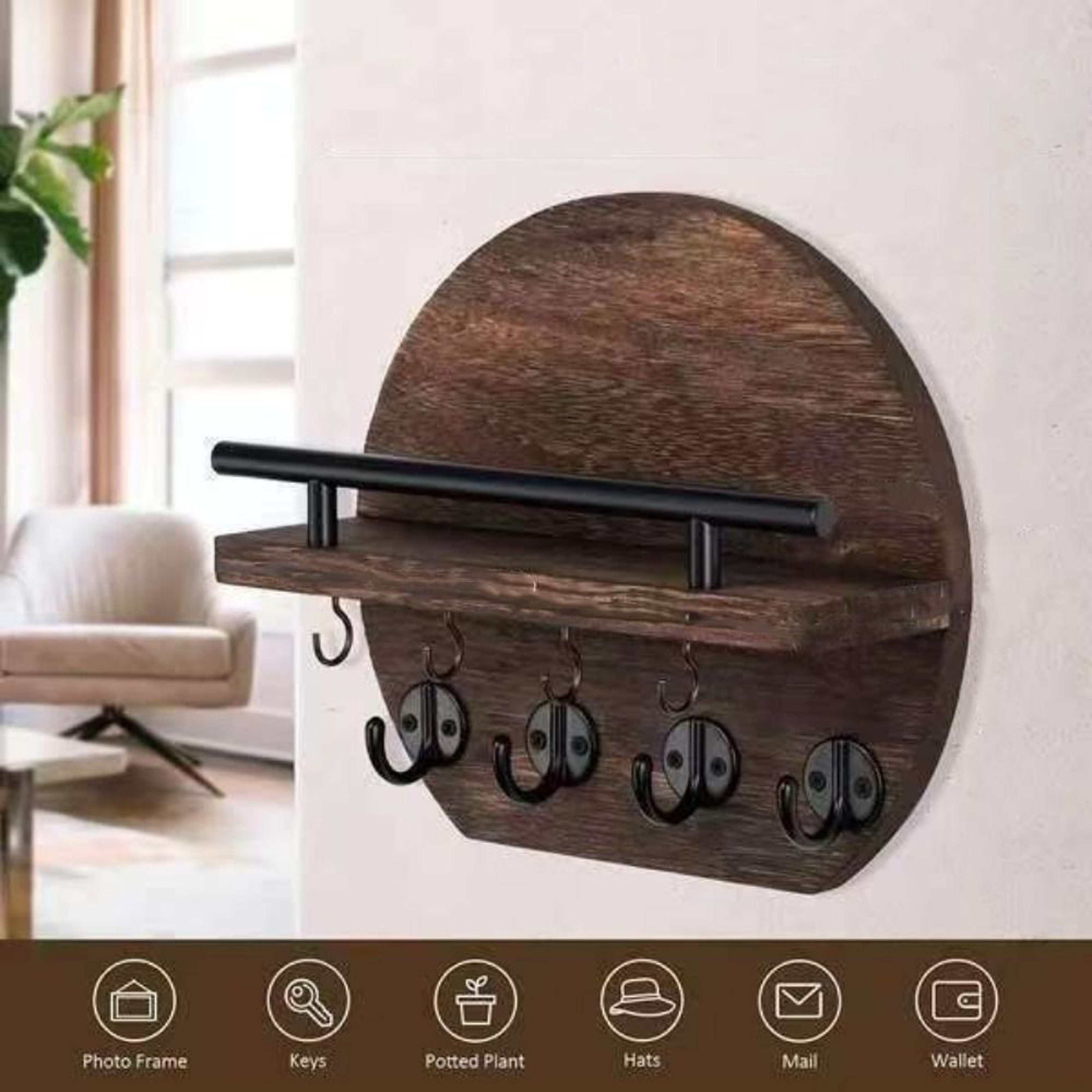 Rustic Wall Mounted Key Holder with Shelf & Mail Organizer for Entryway Storage – view 2