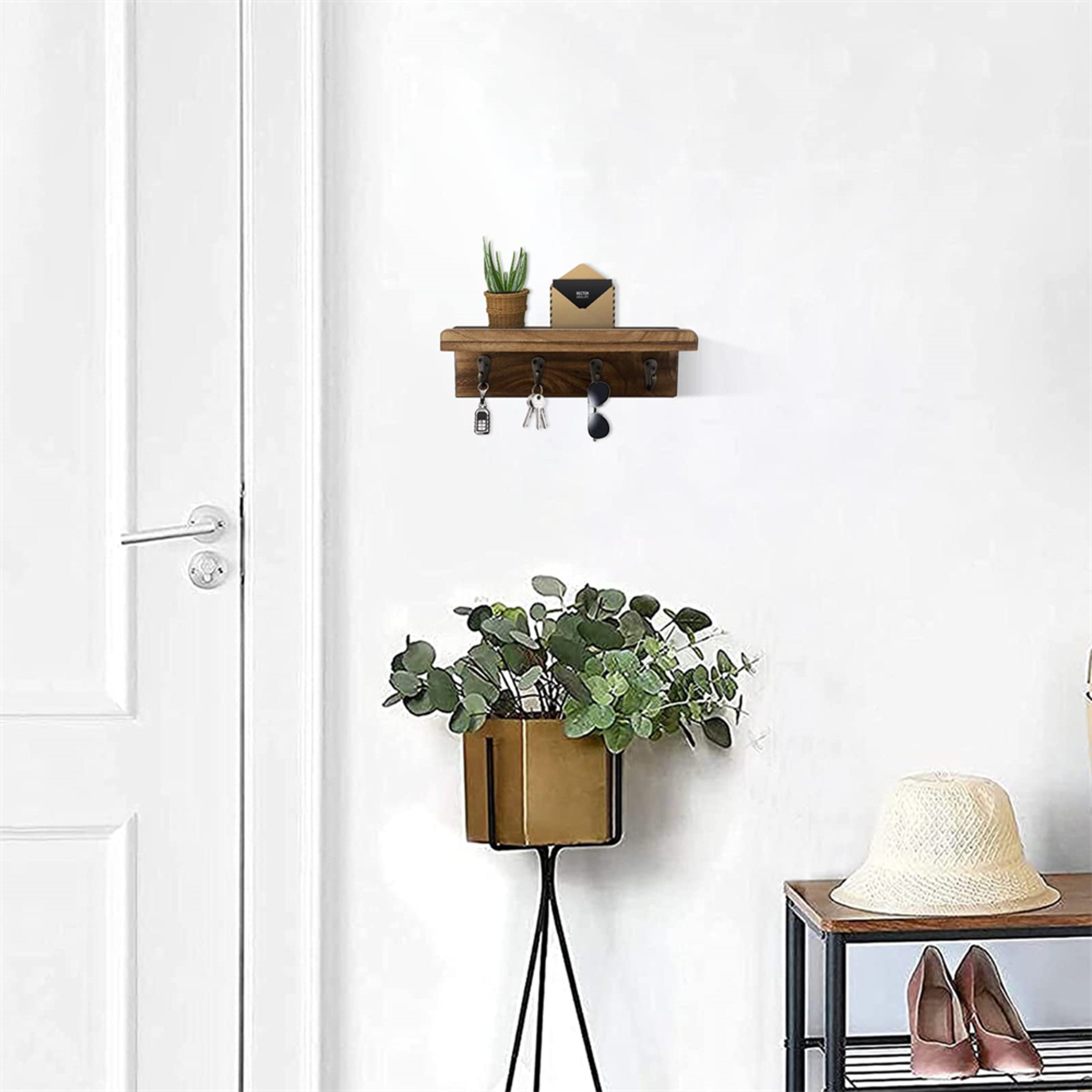 Rustic Key Holder for Wall with Floating Shelf & Hooks Farmhouse Entryway Organizer – view 3