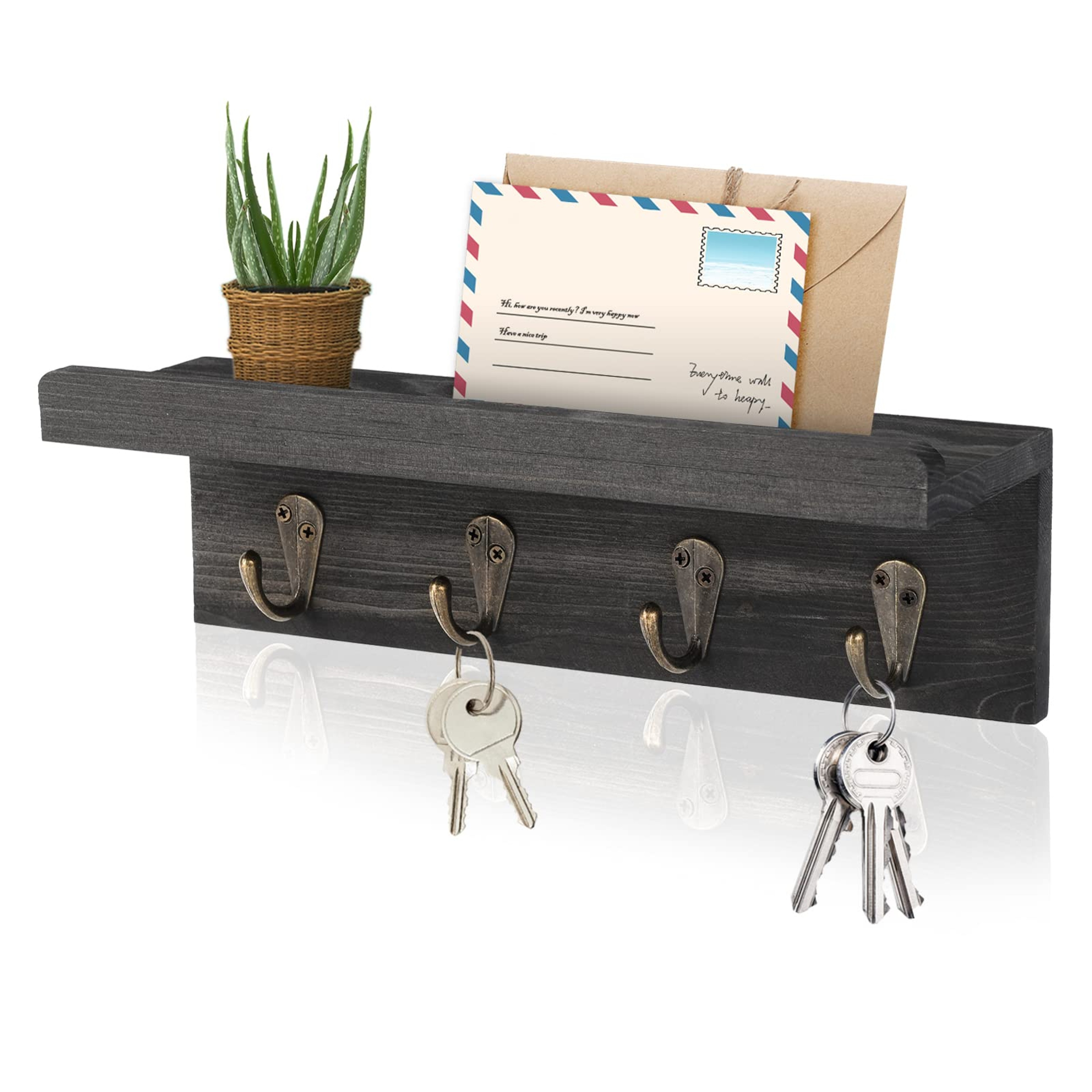 Rustic Key Holder for Wall with Floating Shelf & Hooks Farmhouse Entryway Organizer – view 7