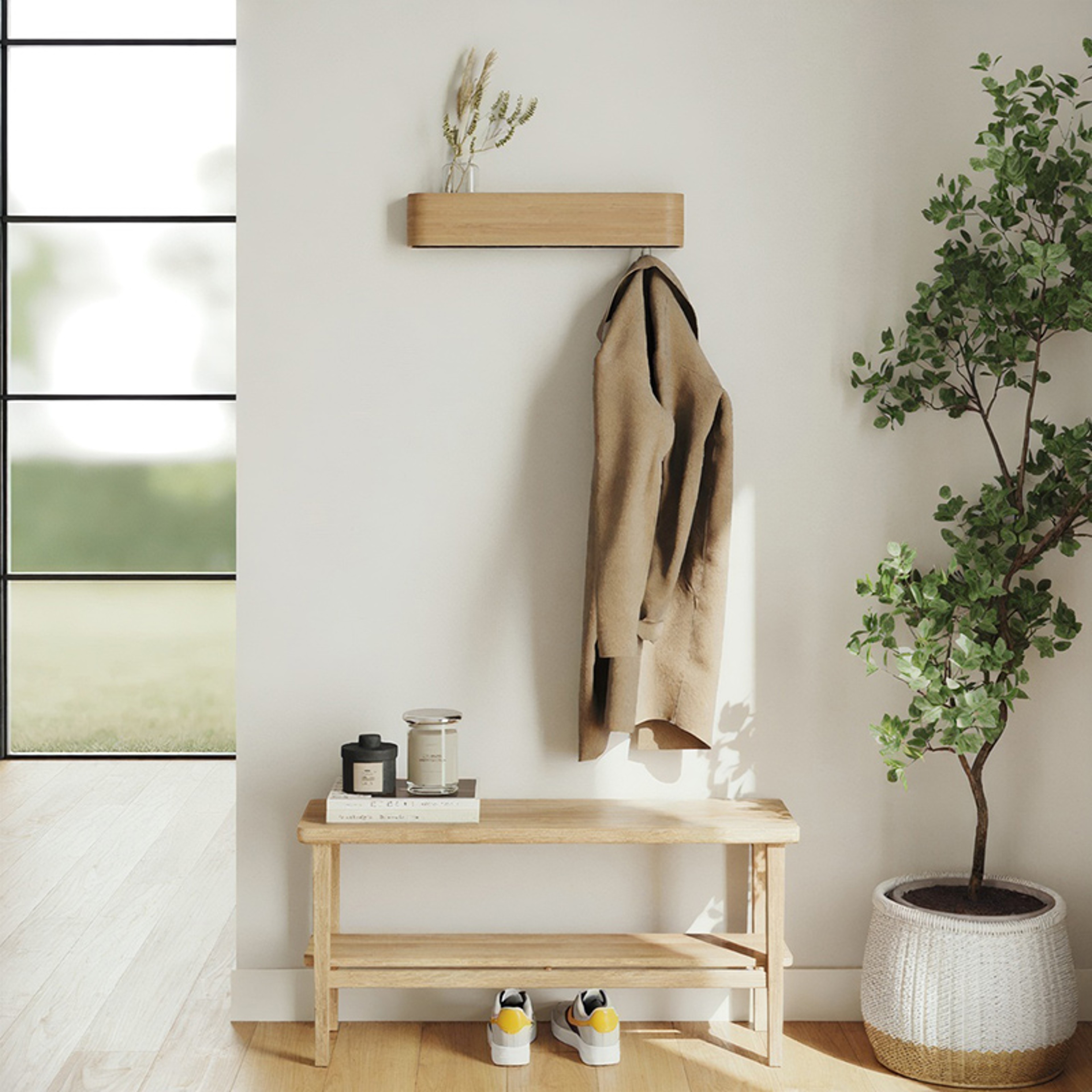 Modern Wall Coat Rack with Shelf & Hidden Hooks Wooden Entryway Organizer for Bedroom & Hallway – view 5