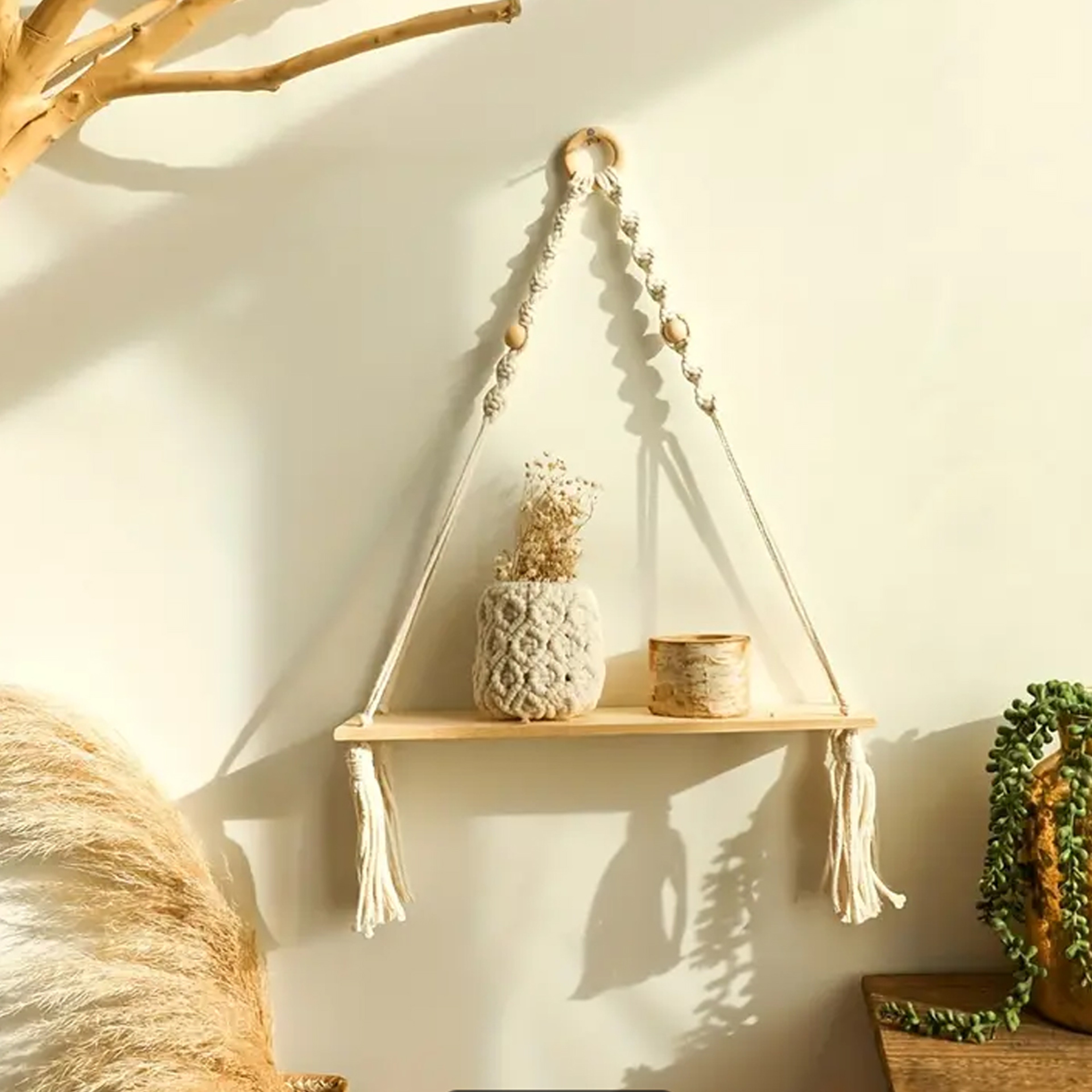 Boho Macrame Hanging Shelf Rustic Wood Floating Wall Shelf for Bedroom, Nursery & Living Room – view 3