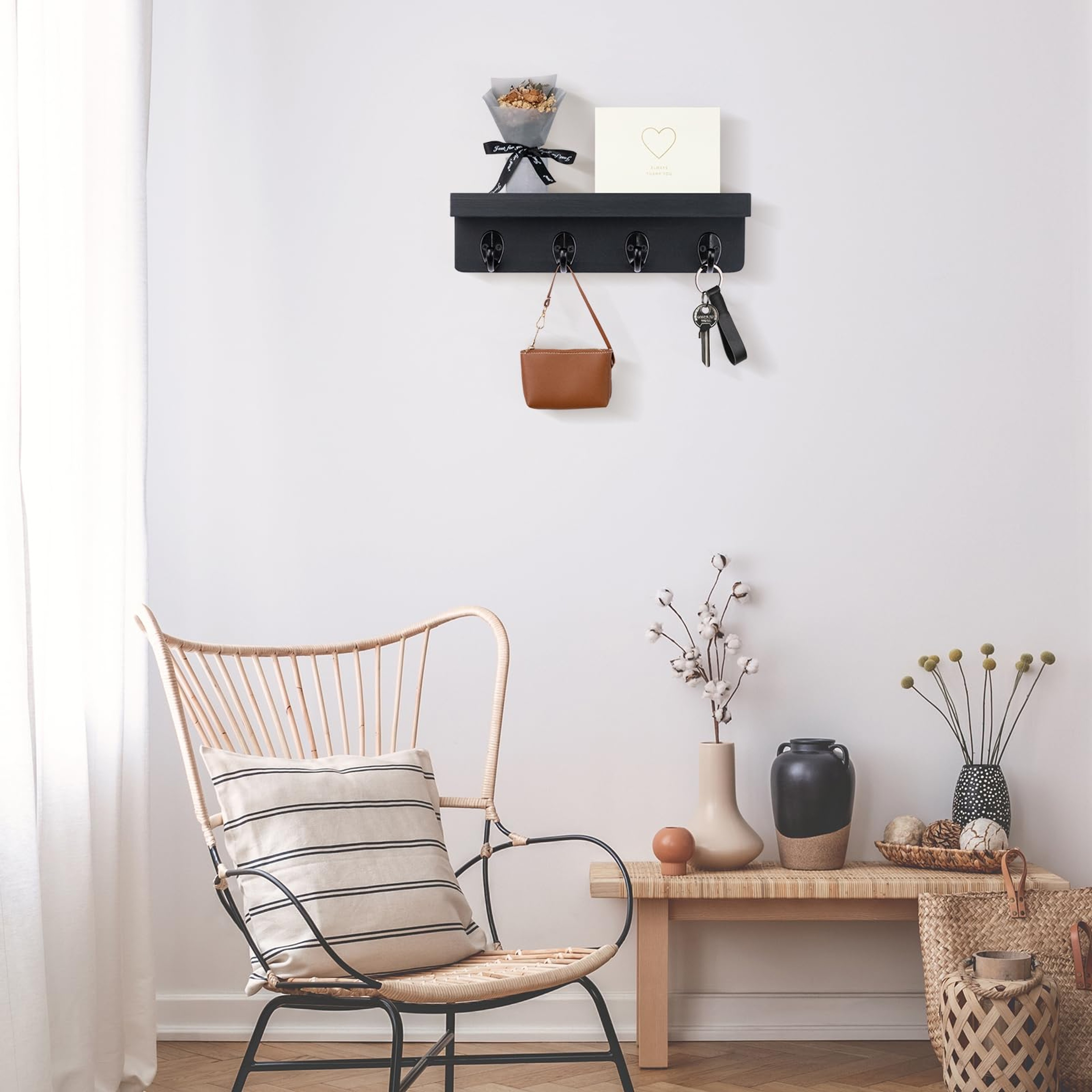 Rustic Wall Key Holder & Mail Organizer for Entryway with 4 Hooks and Wooden Floating Shelf – view 4