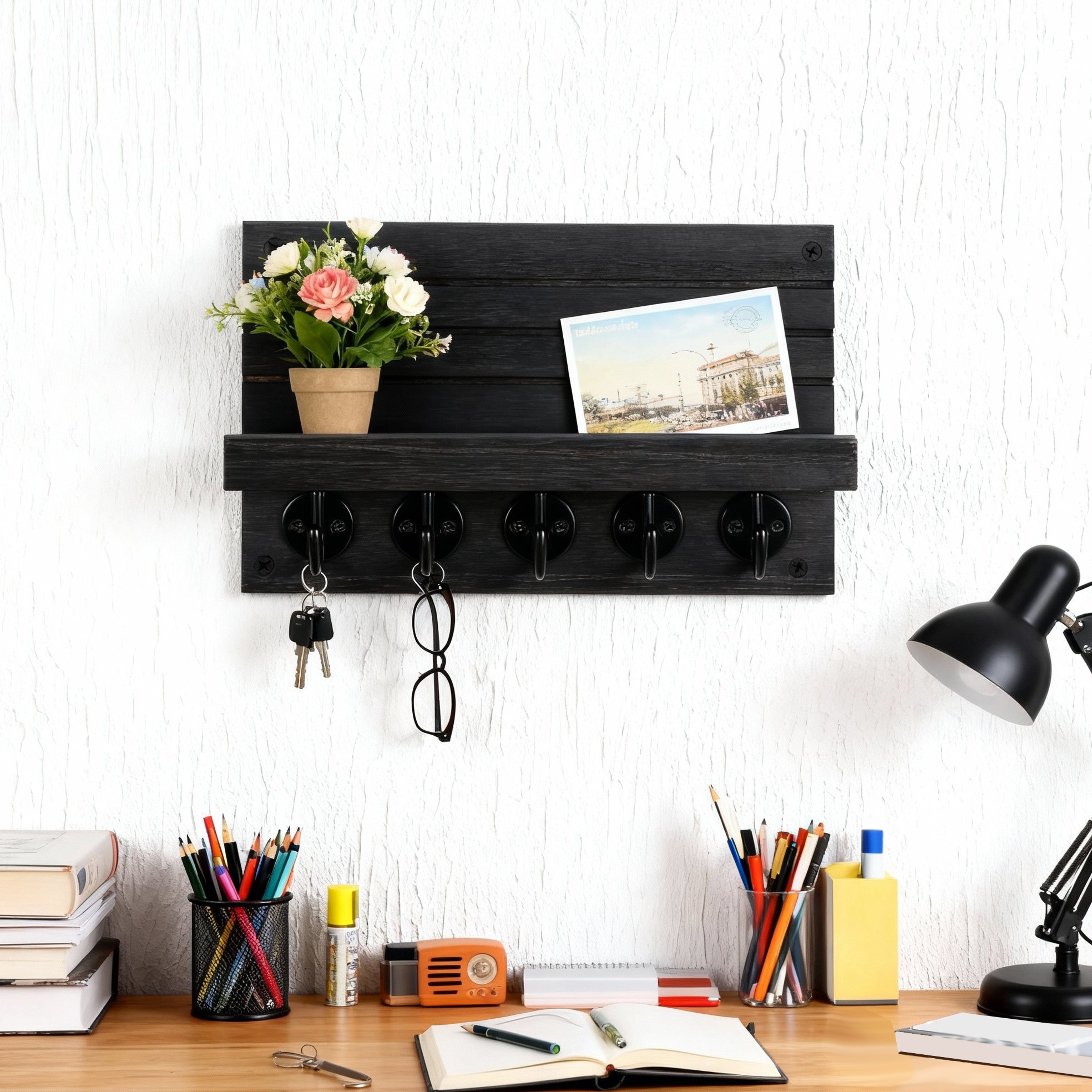 Wall Mounted Key Organizer with Shelf & Hooks Wooden Entryway Mail and Key Holder – view 2