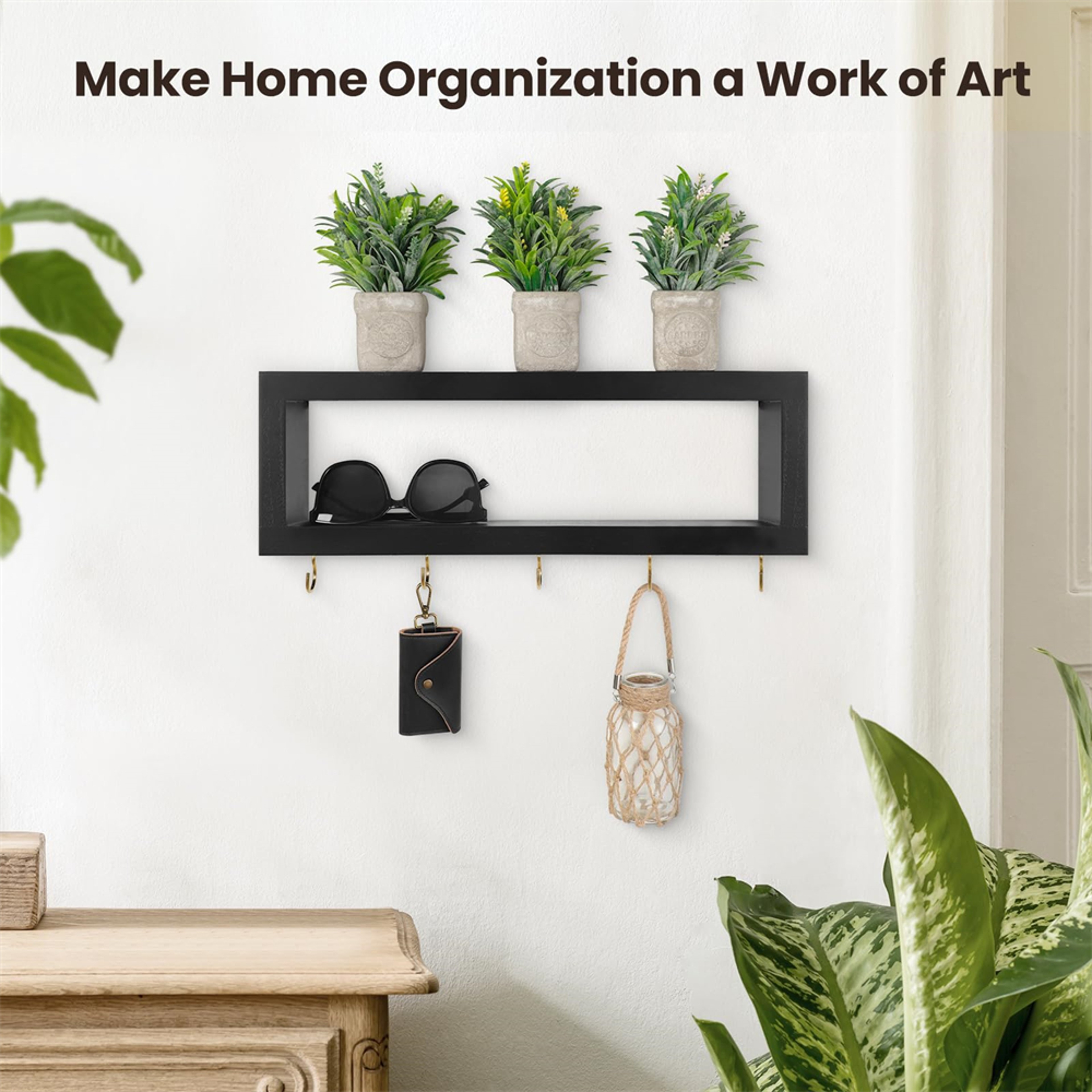 Rustic Wall Key Holder With Shelf  Wooden Entryway Organizer For Keys Wallet Sunglasses  Leashes 1