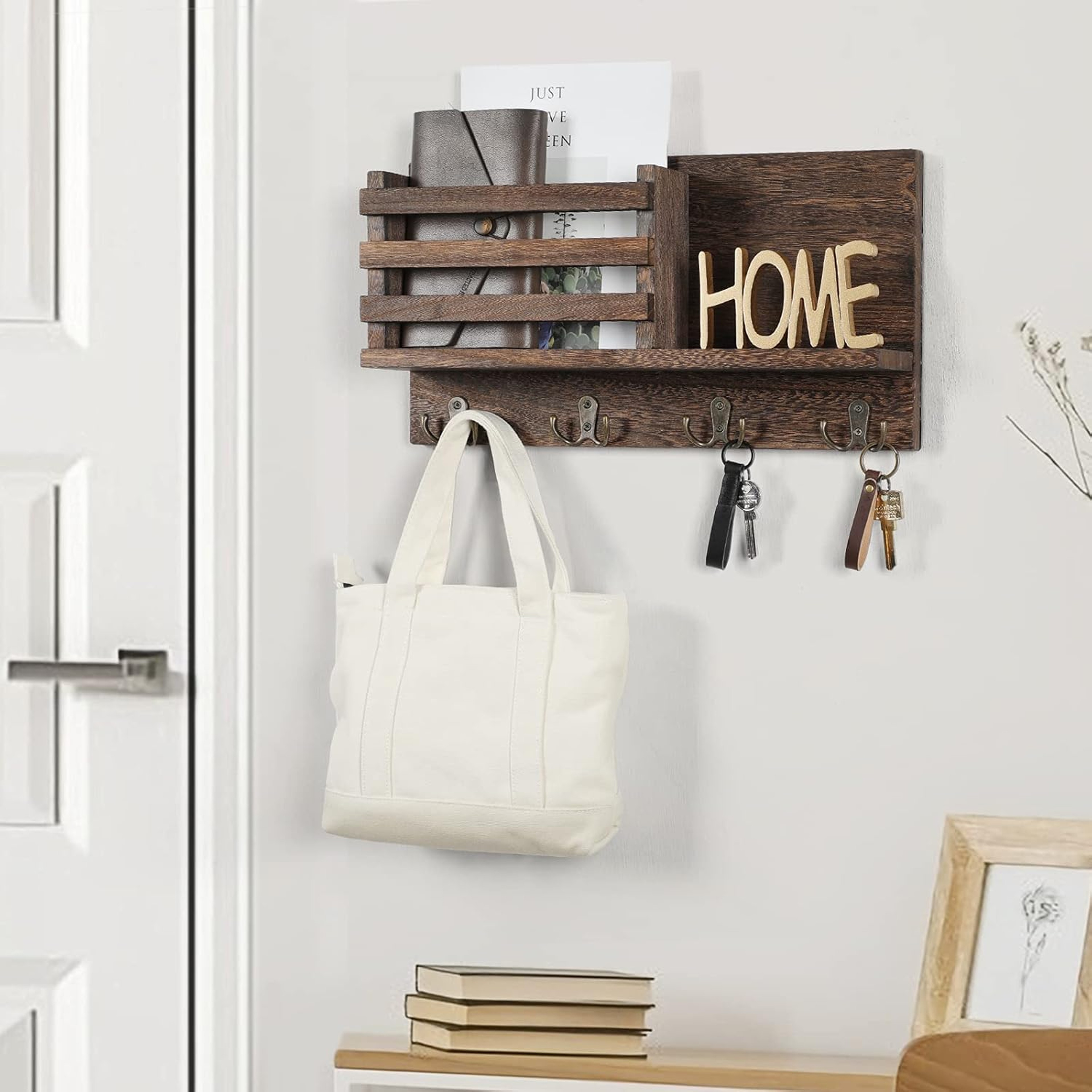 Rustic Key Holder for Wall with Shelf, Wooden Entryway Organizer with 4 Double Hooks – view 3