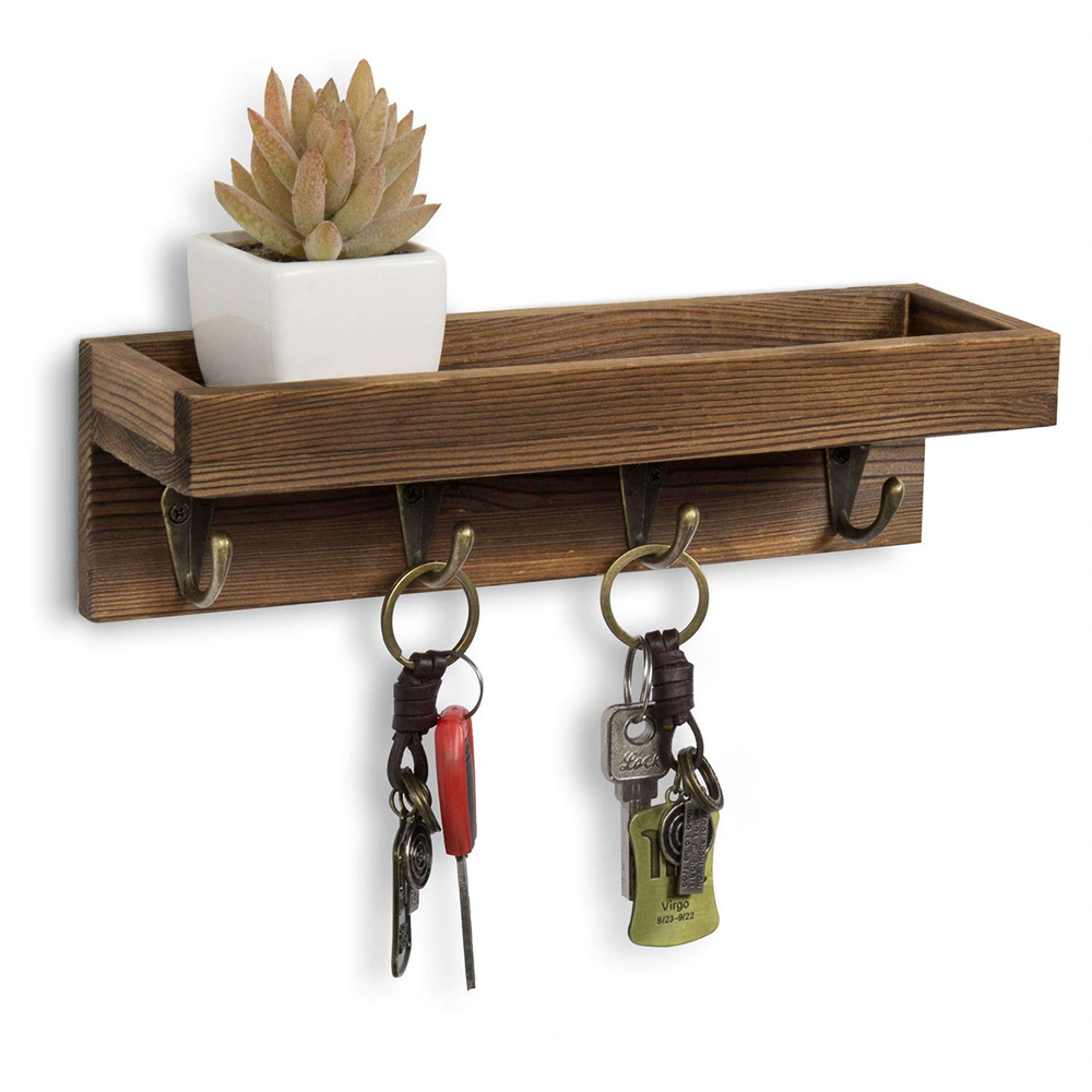 Rustic Wooden Key Holder For Wall With Shelf And Metal Hooks 7