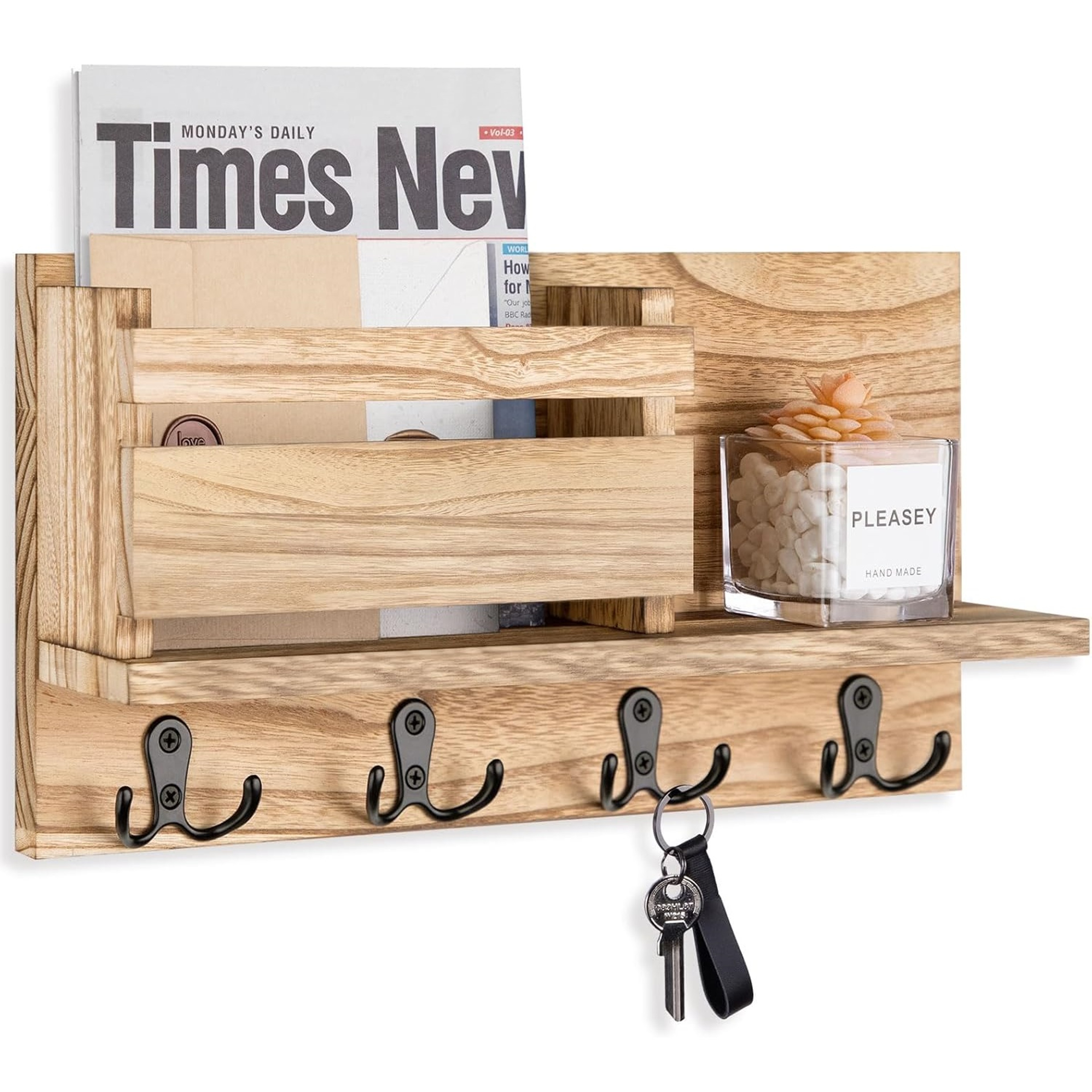 Rustic Wall Mail Organizer and Key Holder for Wall with Hooks – view 7
