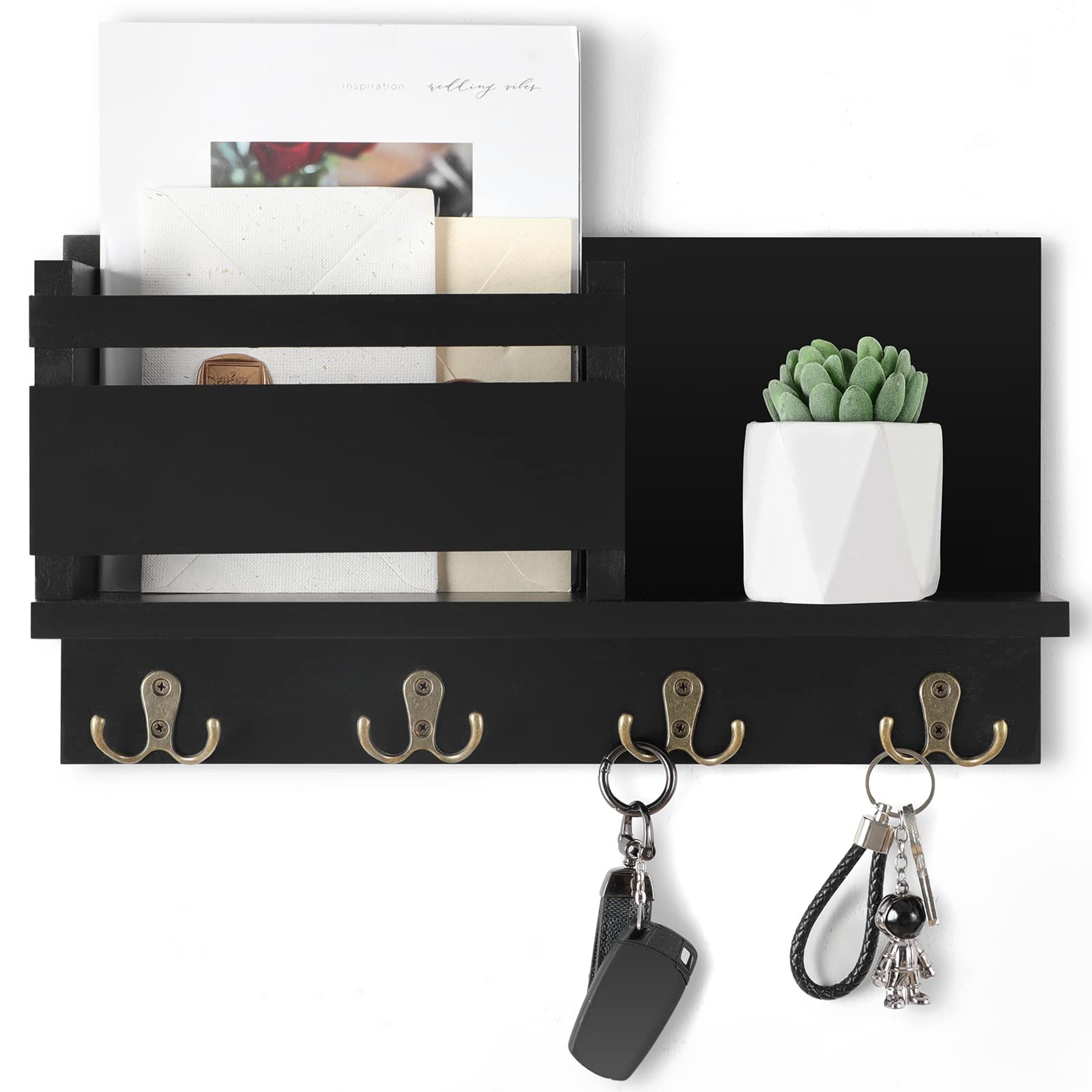 Rustic Wall Mail Organizer and Key Holder for Wall with Hooks – view 9