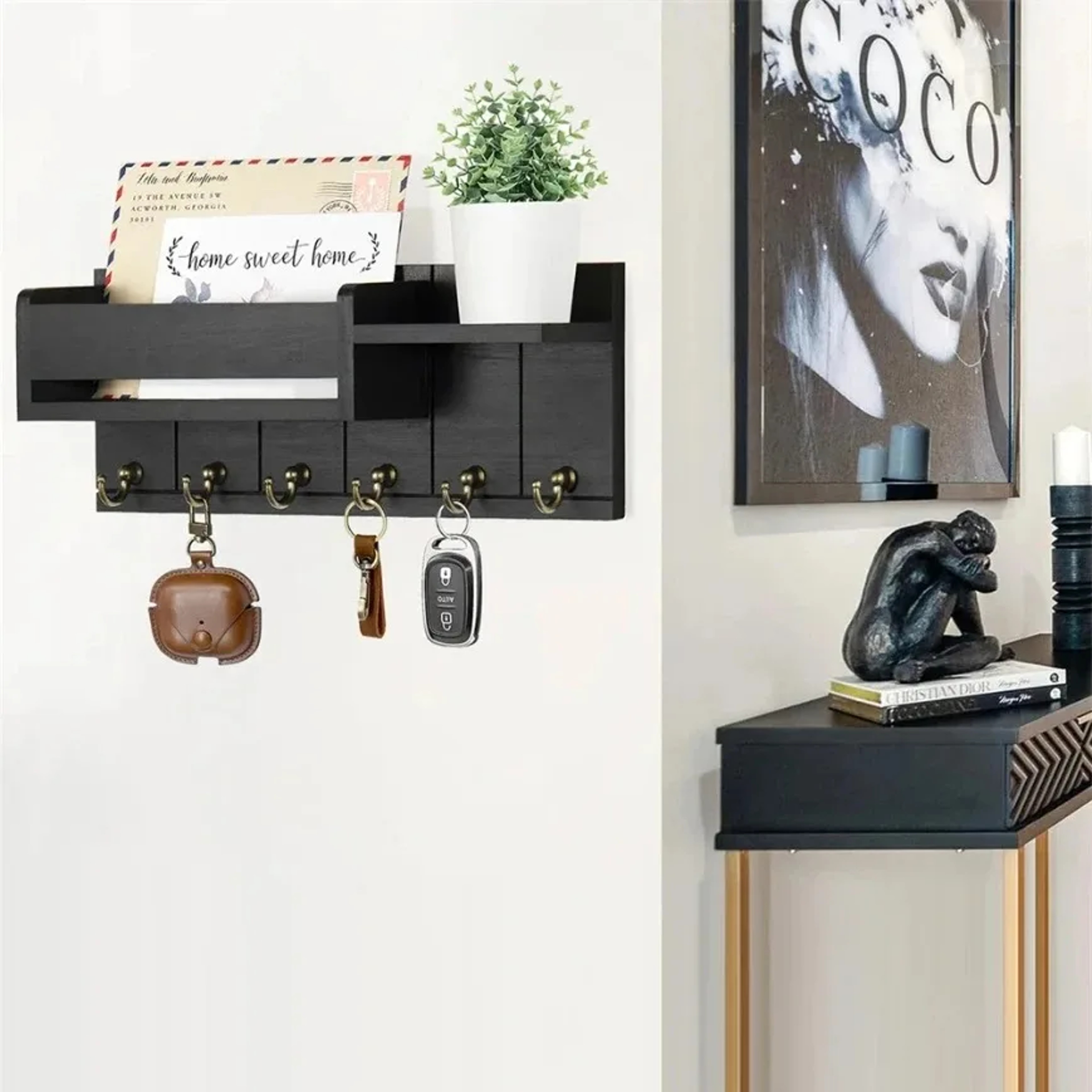 Rustic Wood Key Holder with Shelf and Wall Mounted Mail Organizer – view 6