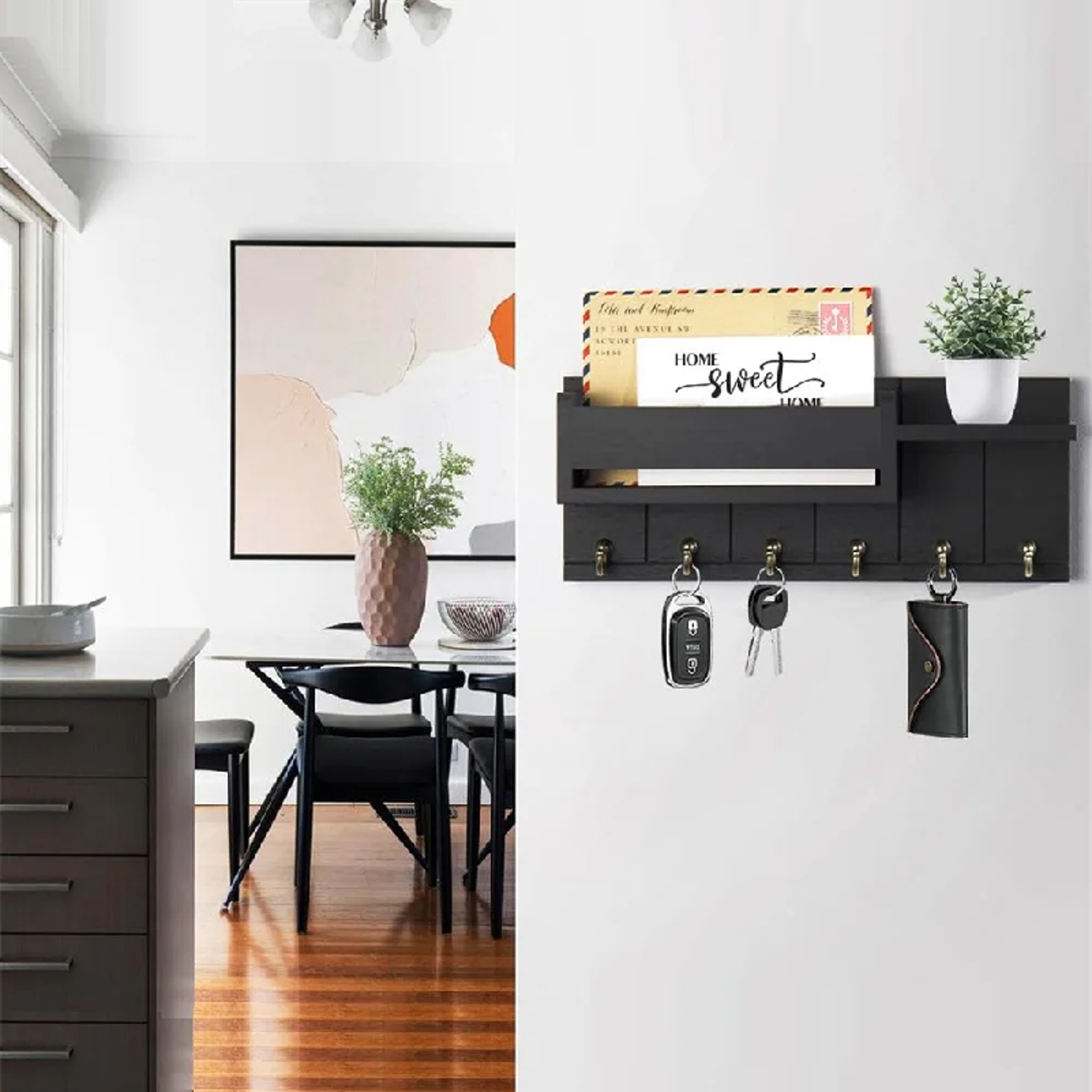 Rustic Wall Mounted Key Holder with Mail Organizer Shelf and Hooks – view 3