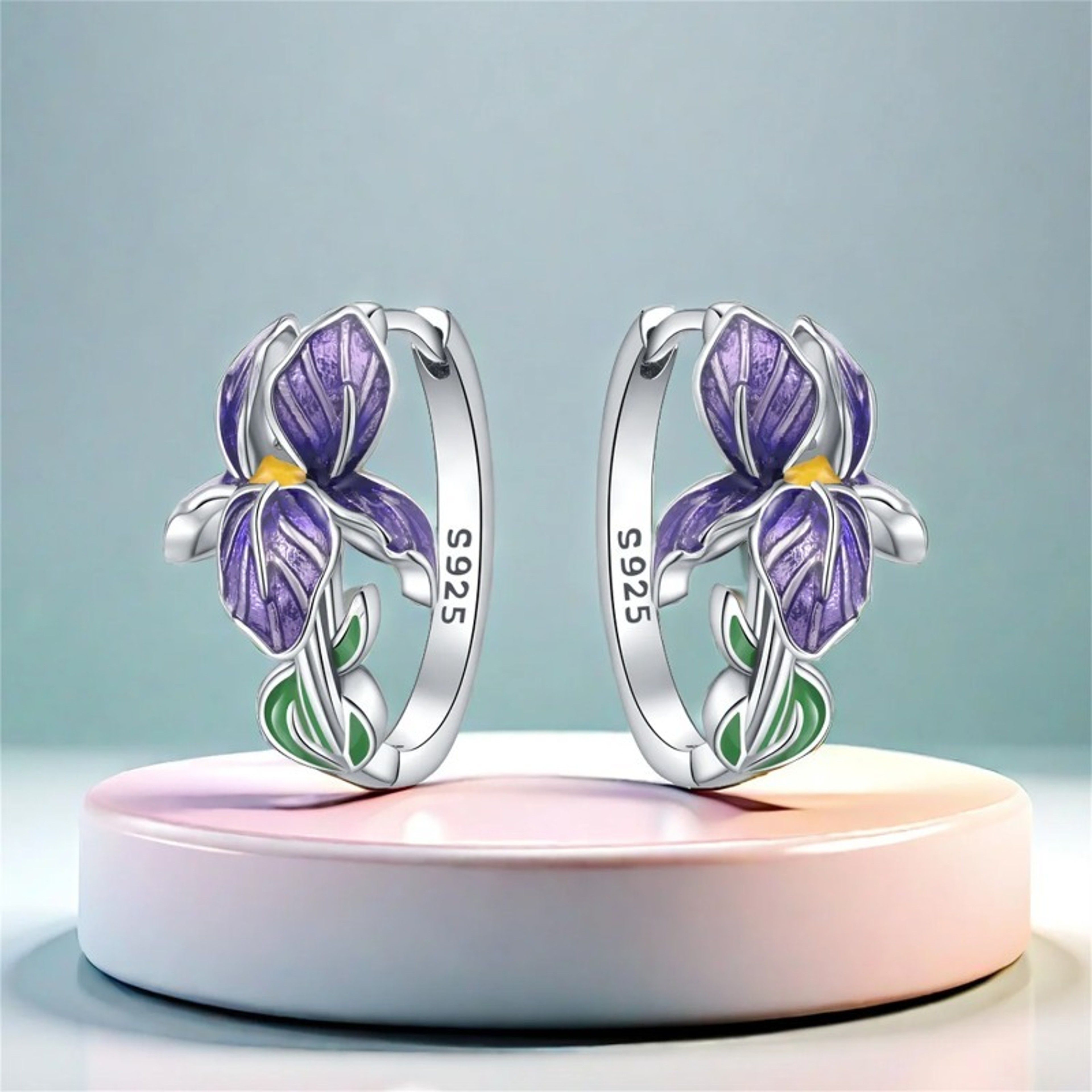 Sterling Silver Purple Iris Flower Earrings For Women Elegant Floral Jewelry Gift 1