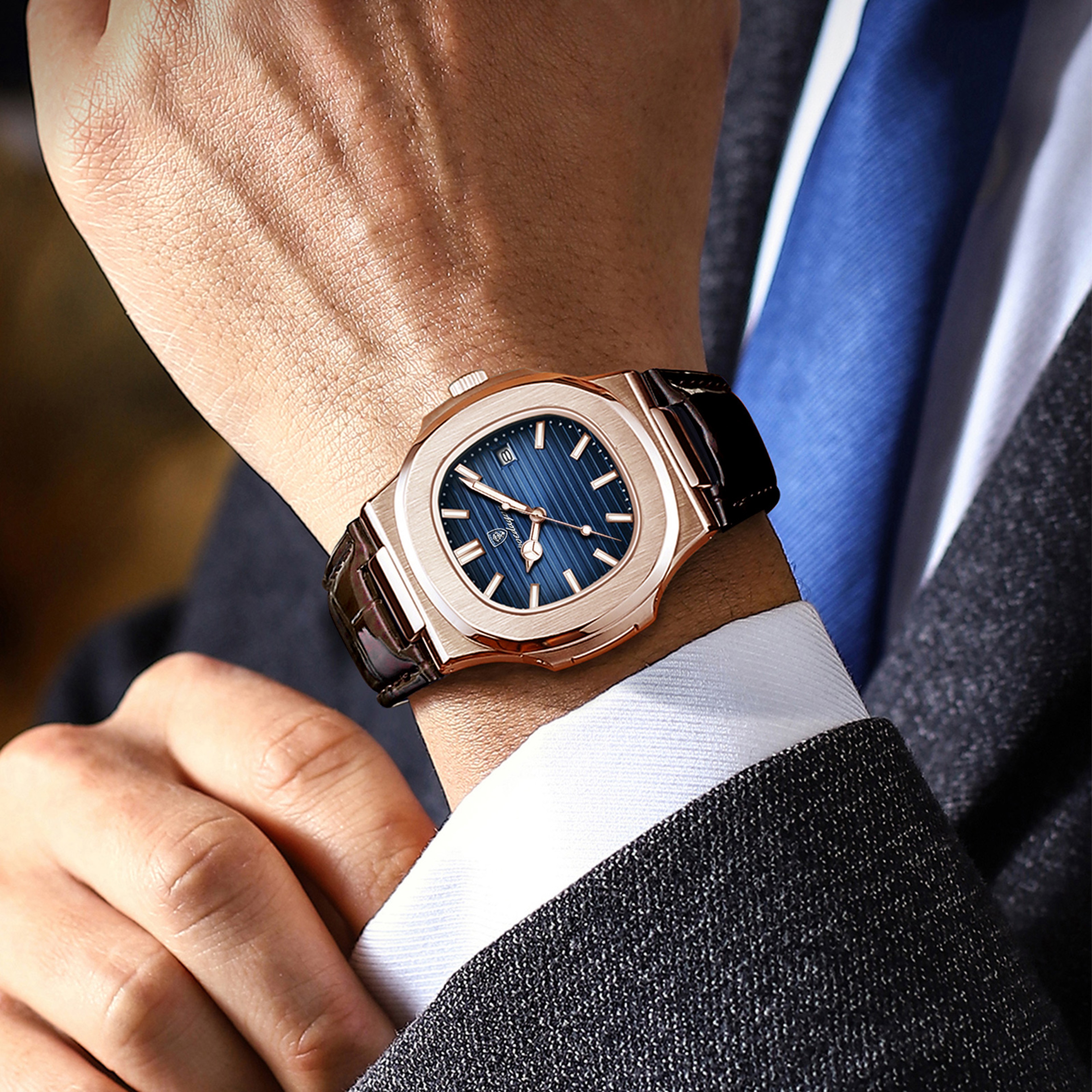 Luxury Square Men Quartz Watch Waterproof Luminous Date Leather Wristwatch 3