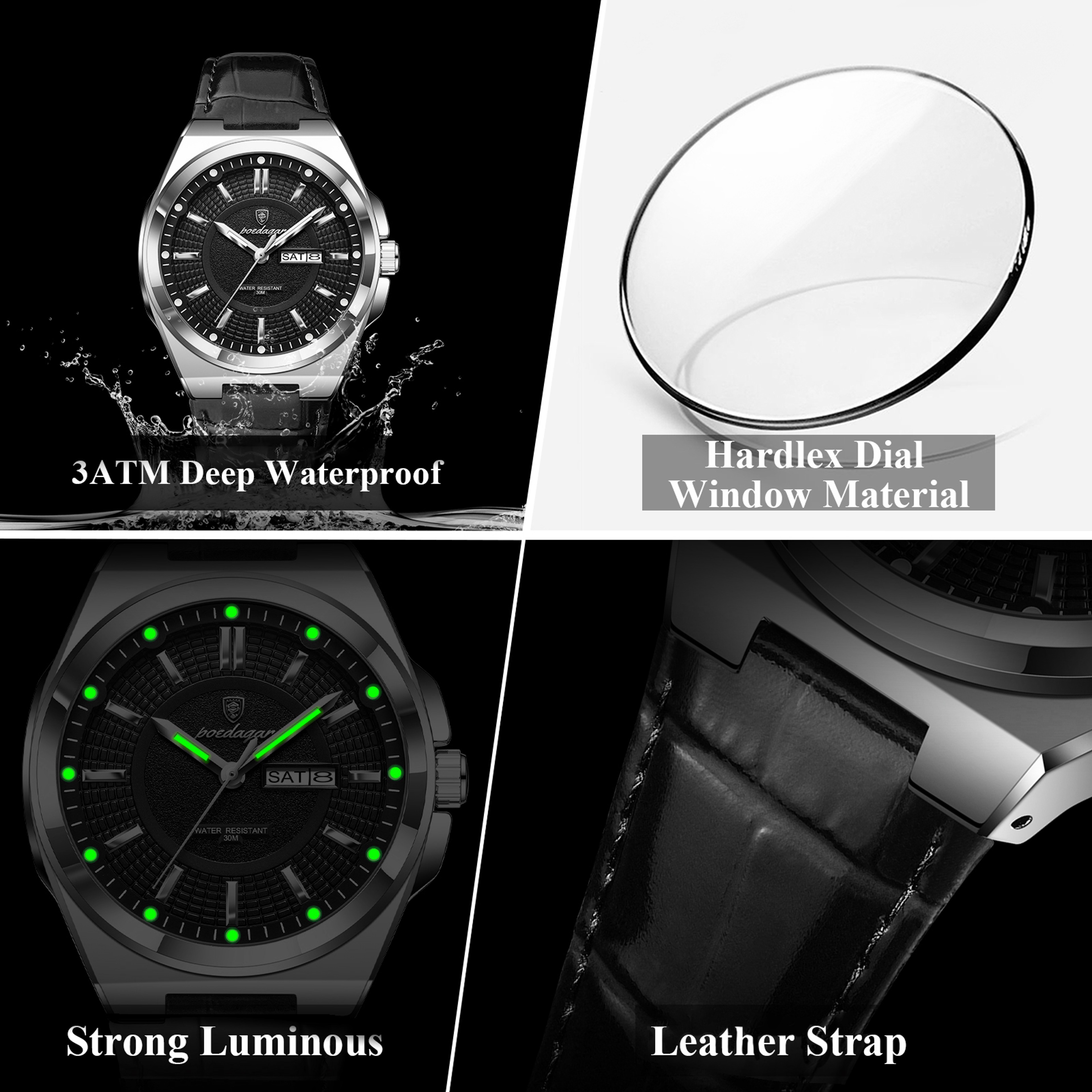 Mens Waterproof Quartz Watch with Luminous Display Date Week and Leather Strap – view 4