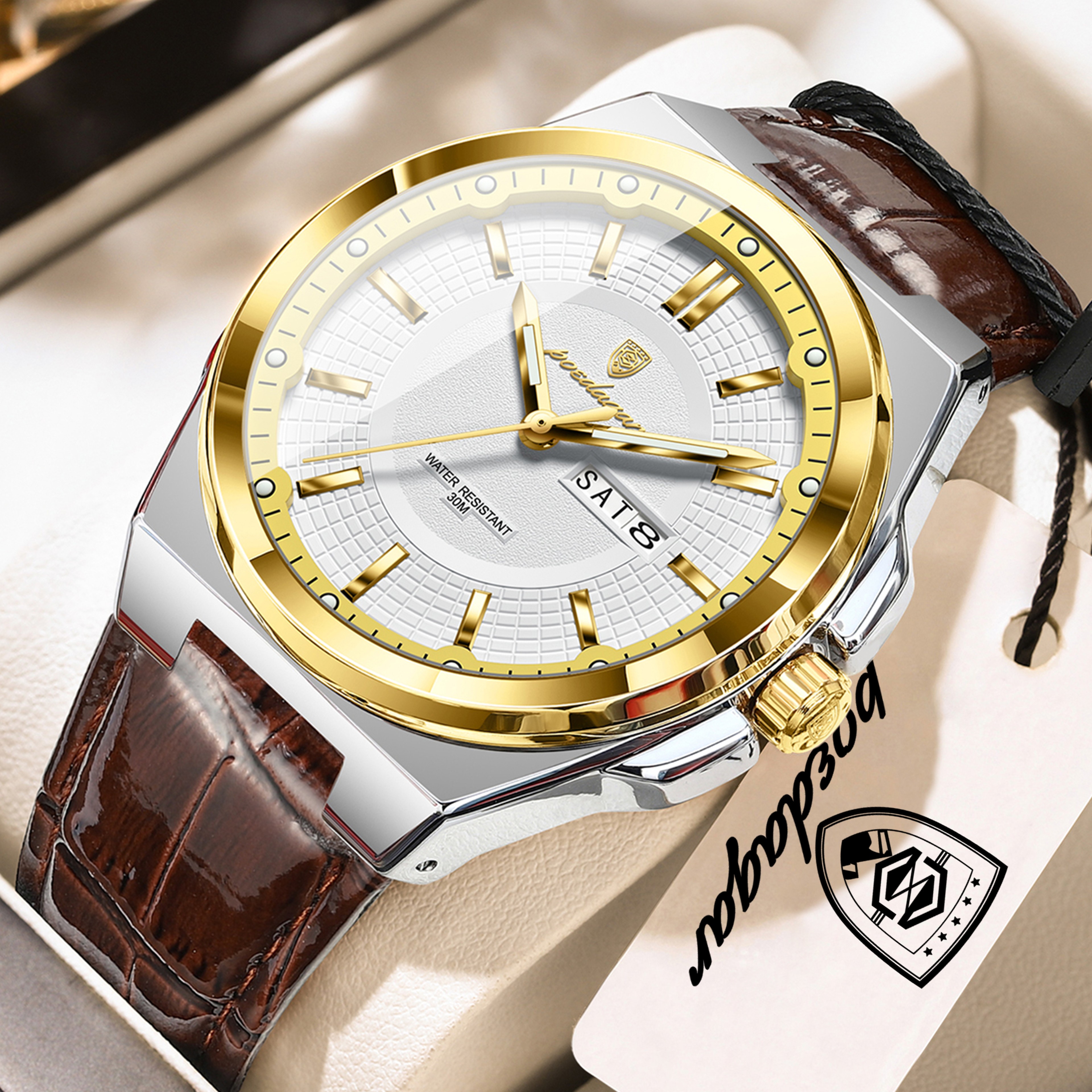 Mens Waterproof Quartz Watch with Luminous Display Date Week and Leather Strap – view 11