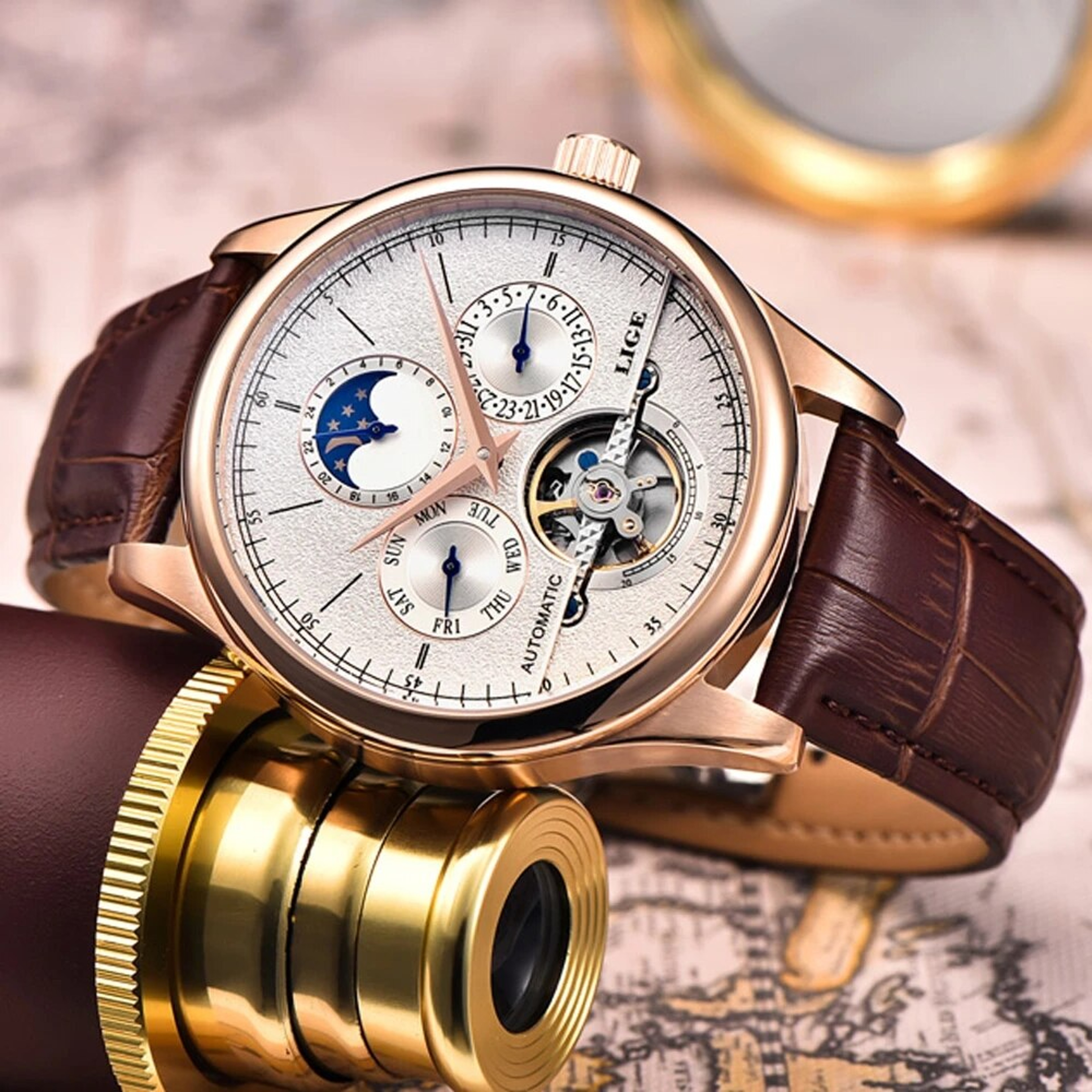 LIGE Automatic Mechanical Watch For Men Tourbillon Leather Waterproof Wristwatch 0