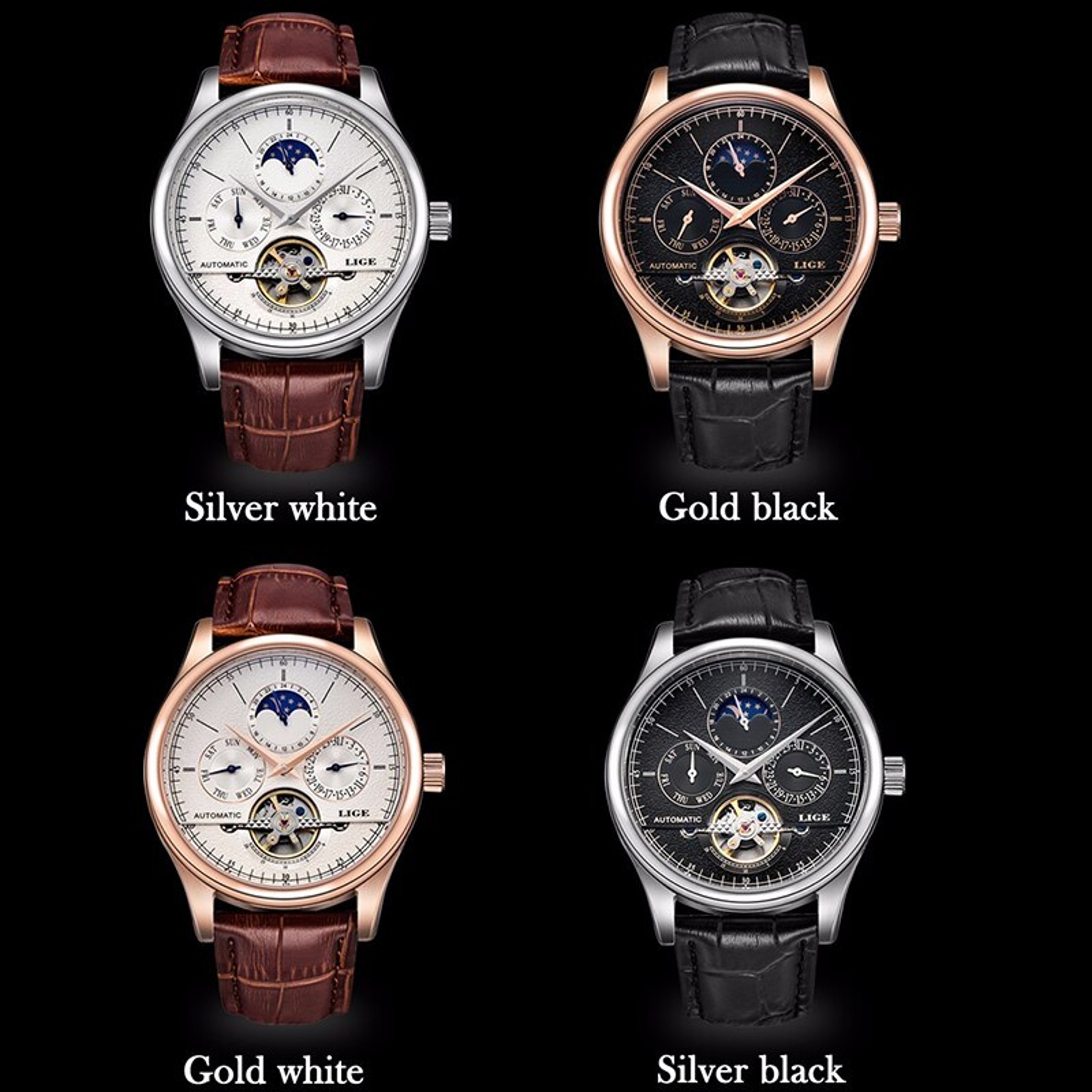 LIGE Automatic Mechanical Watch For Men Tourbillon Leather Waterproof Wristwatch 4