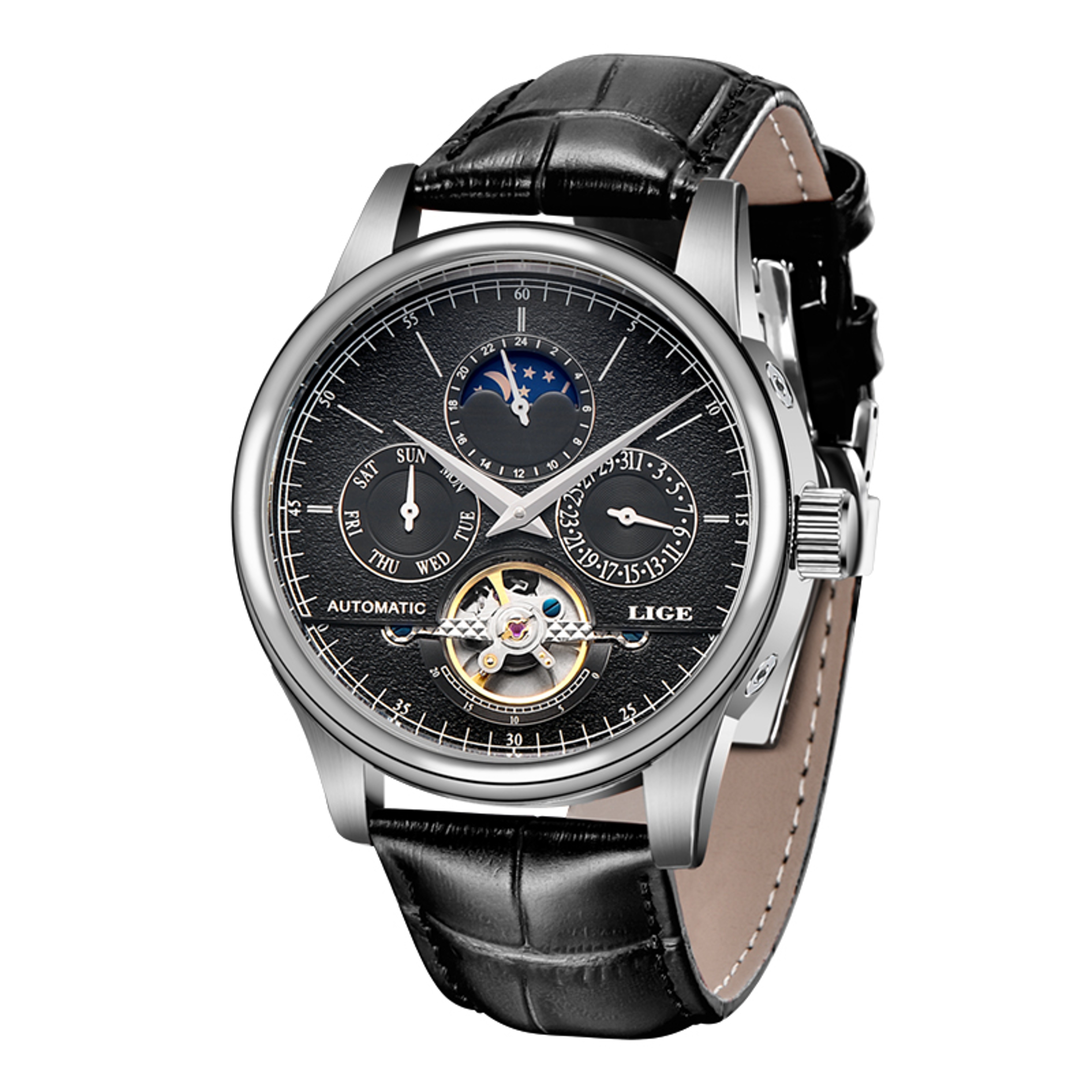 LIGE Automatic Mechanical Watch For Men Tourbillon Leather Waterproof Wristwatch 6