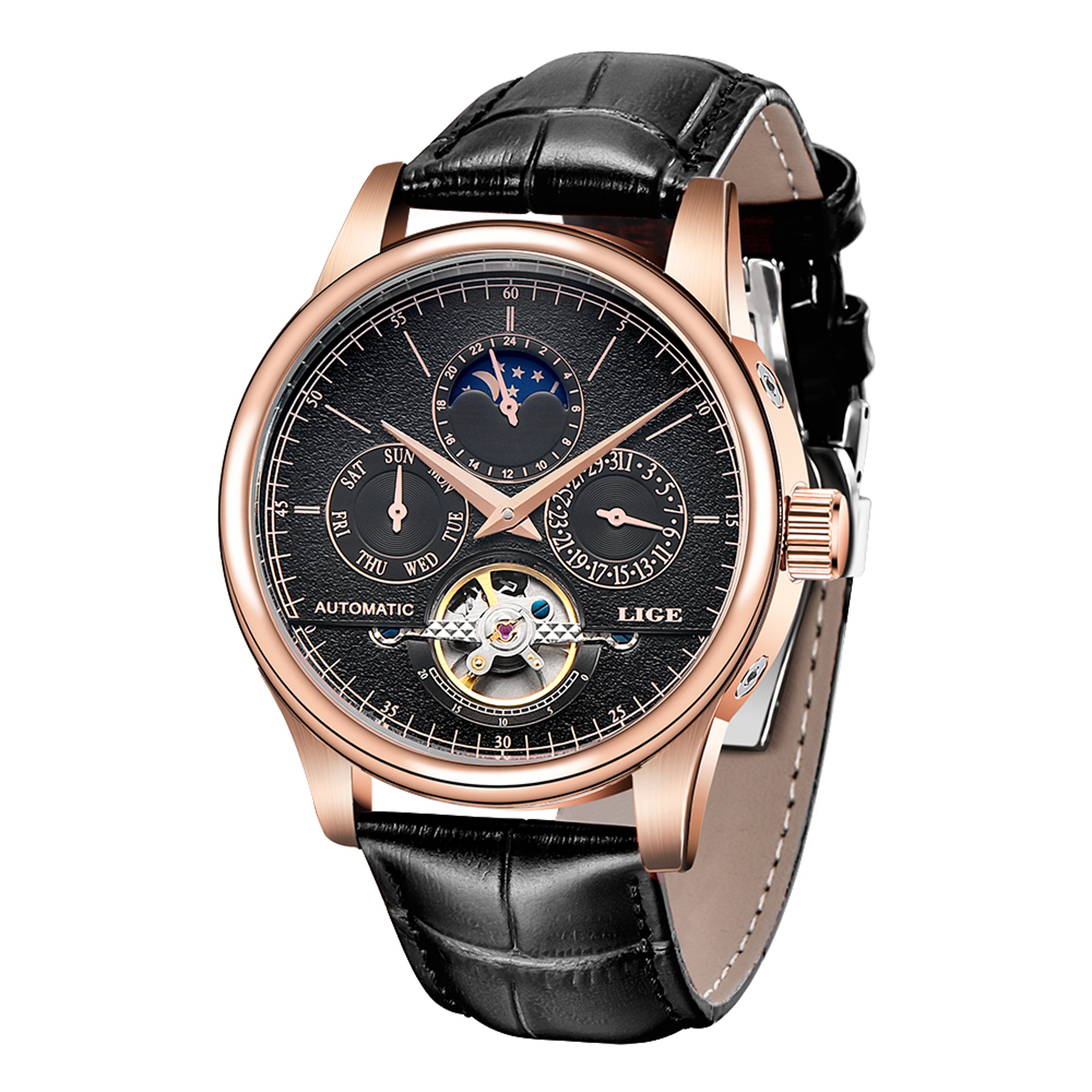 LIGE Automatic Mechanical Watch For Men Tourbillon Leather Waterproof Wristwatch 5