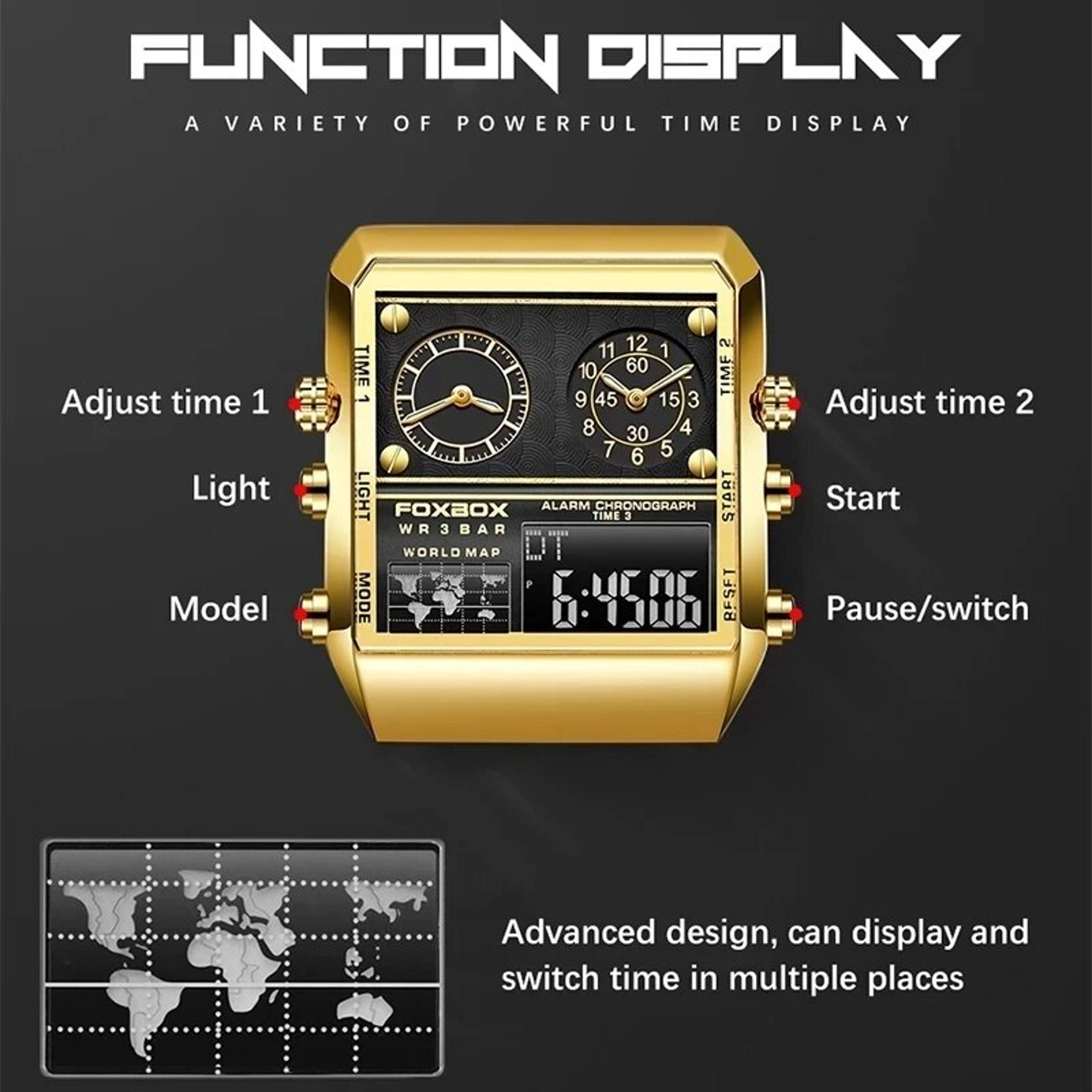 FOXBOX Square Dual Display Watch for Men Waterproof Analog Digital Sports Watch – view 3