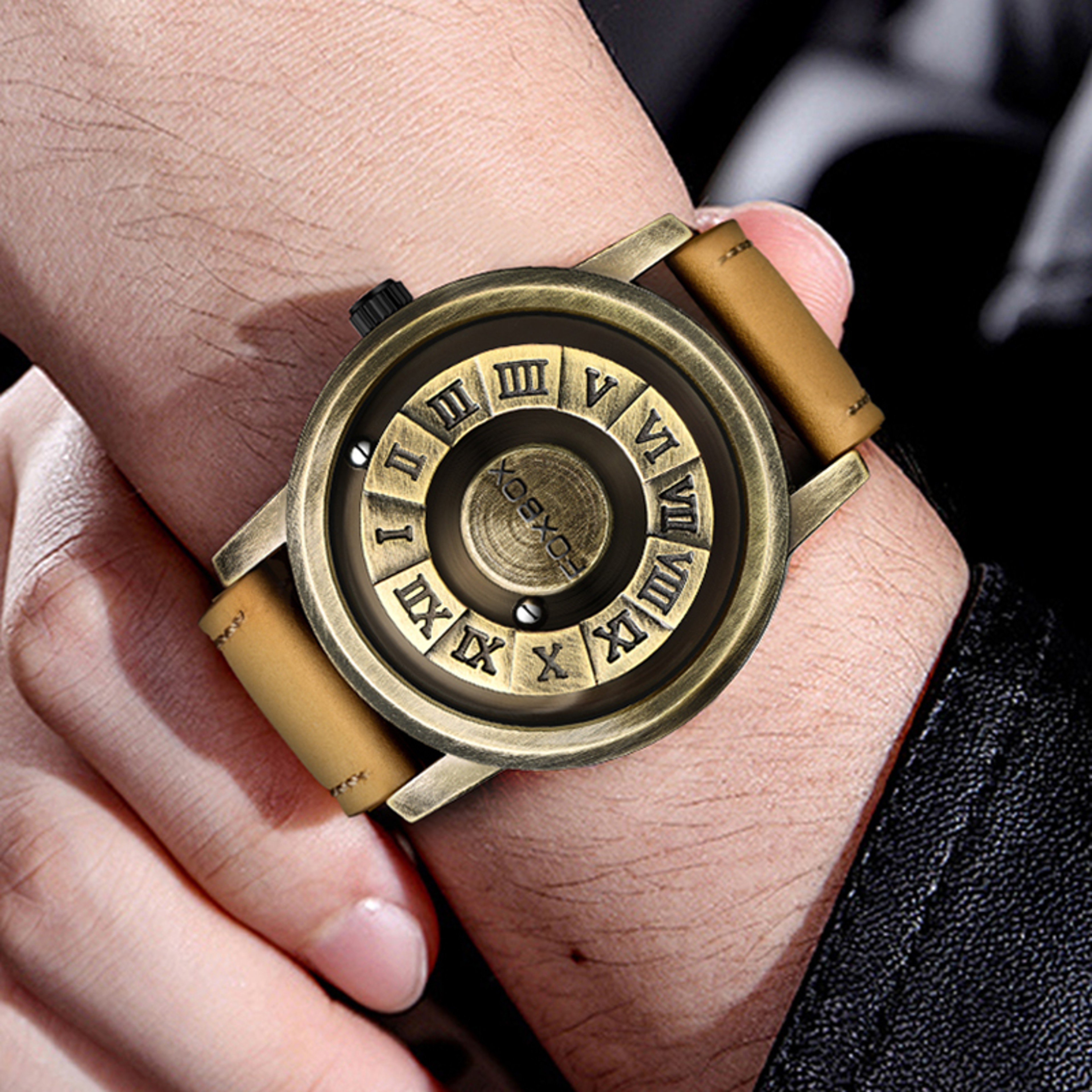 Magnetic Rolling Pointer Leather Quartz Watch For Men 5