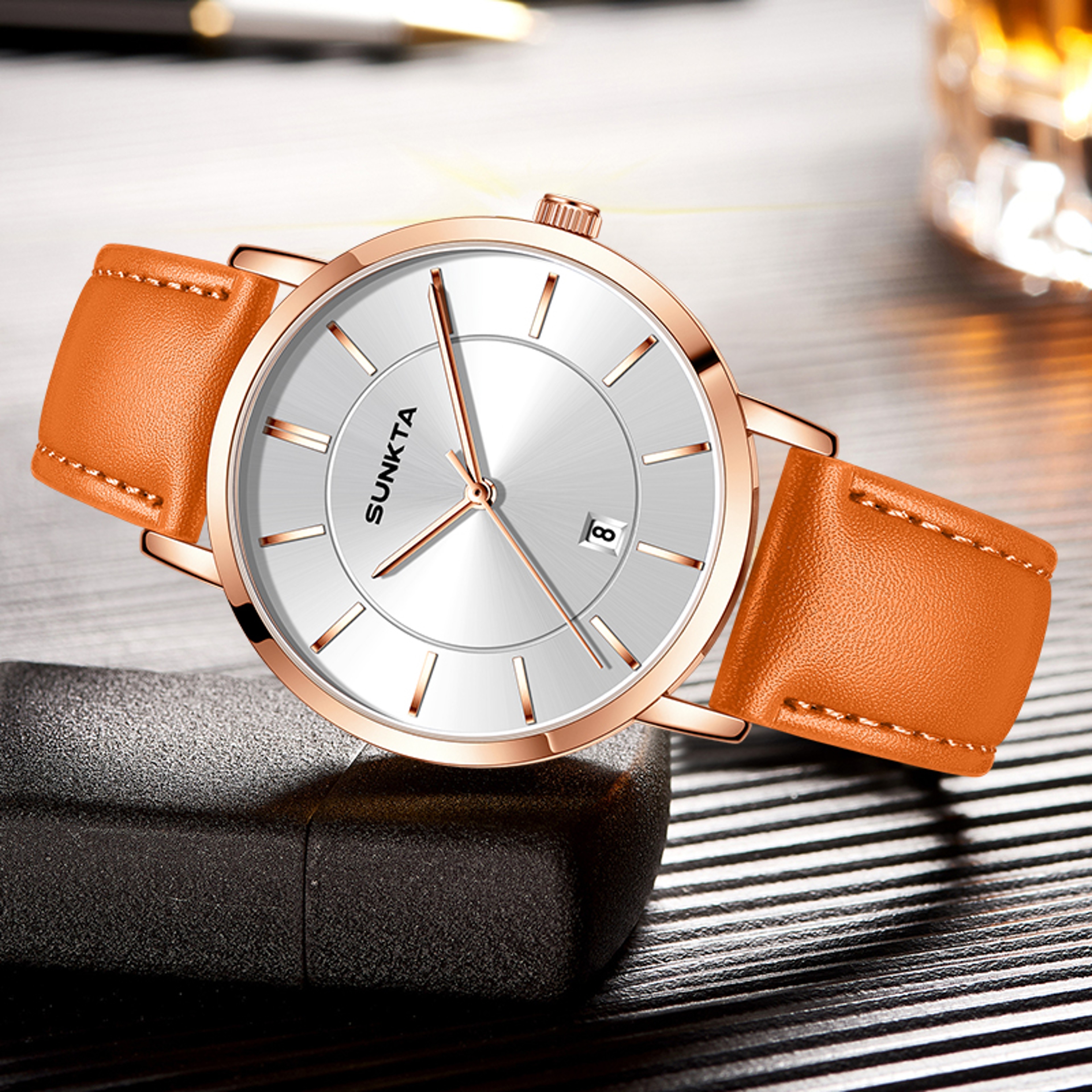 Waterproof Men Quartz Watch with Orange Leather Strap for Casual Sports Style – view 2