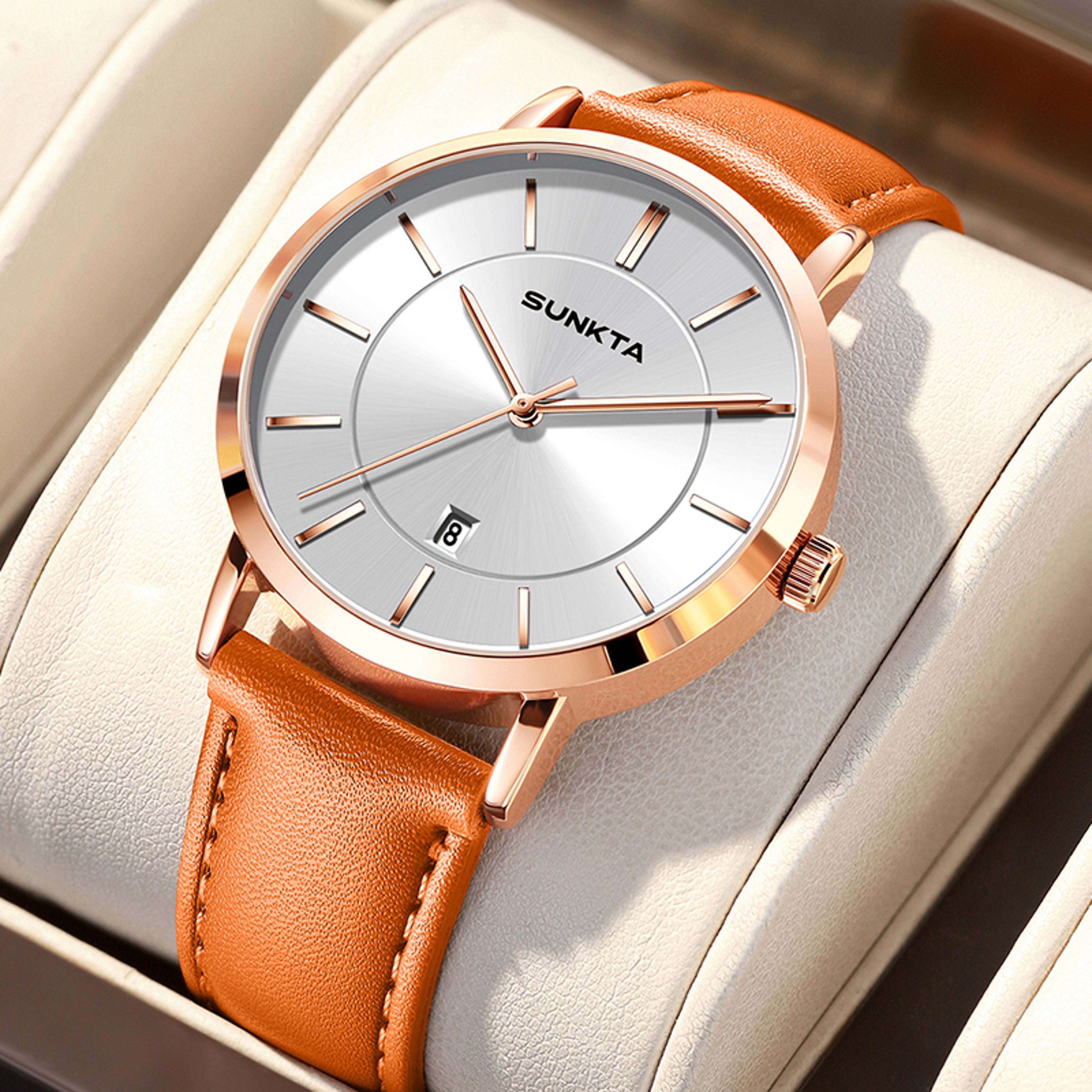 Waterproof Men Quartz Watch with Orange Leather Strap for Casual Sports Style – view 6