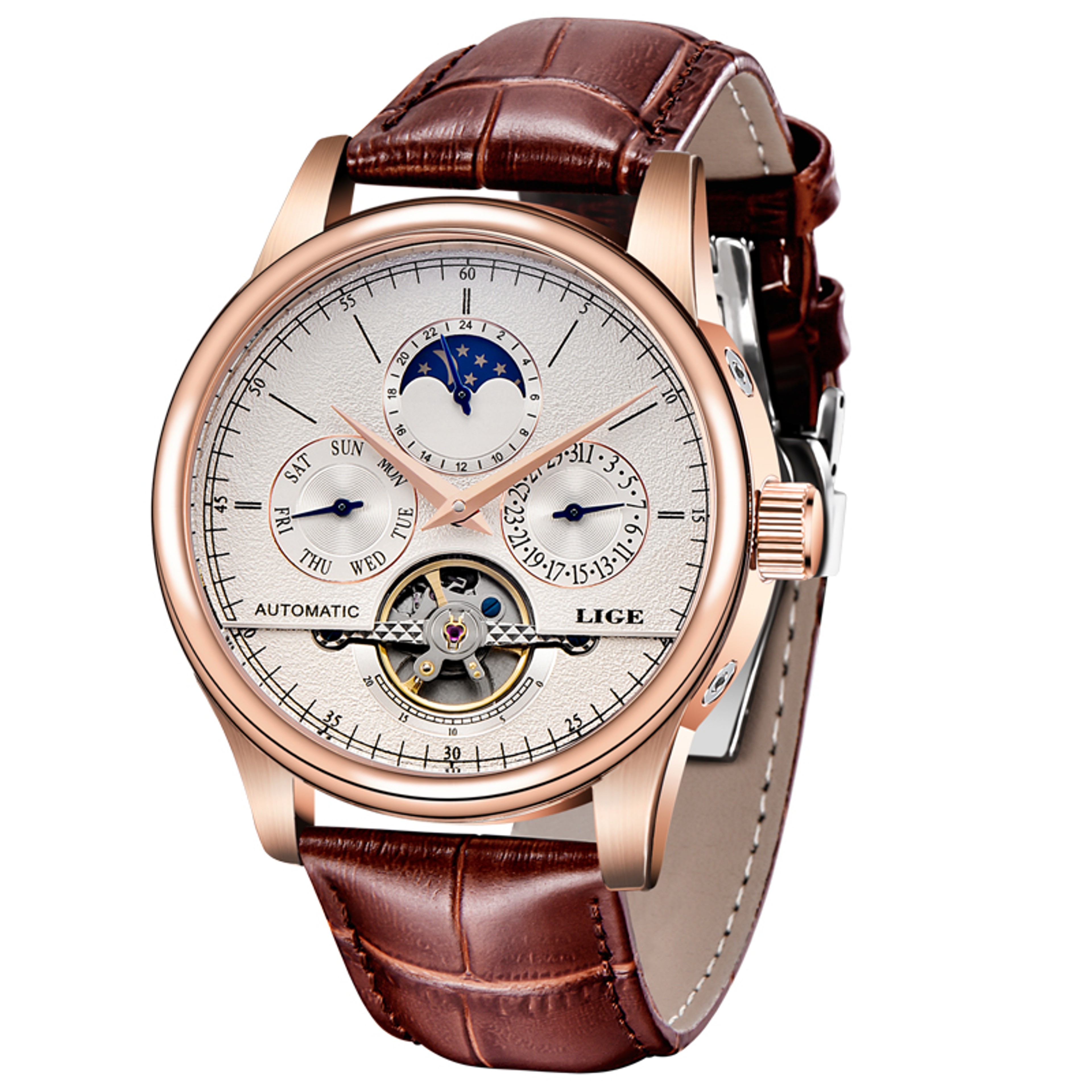 Automatic Mechanical Watch For Men With Tourbillon Display And Genuine Leather Strap 8