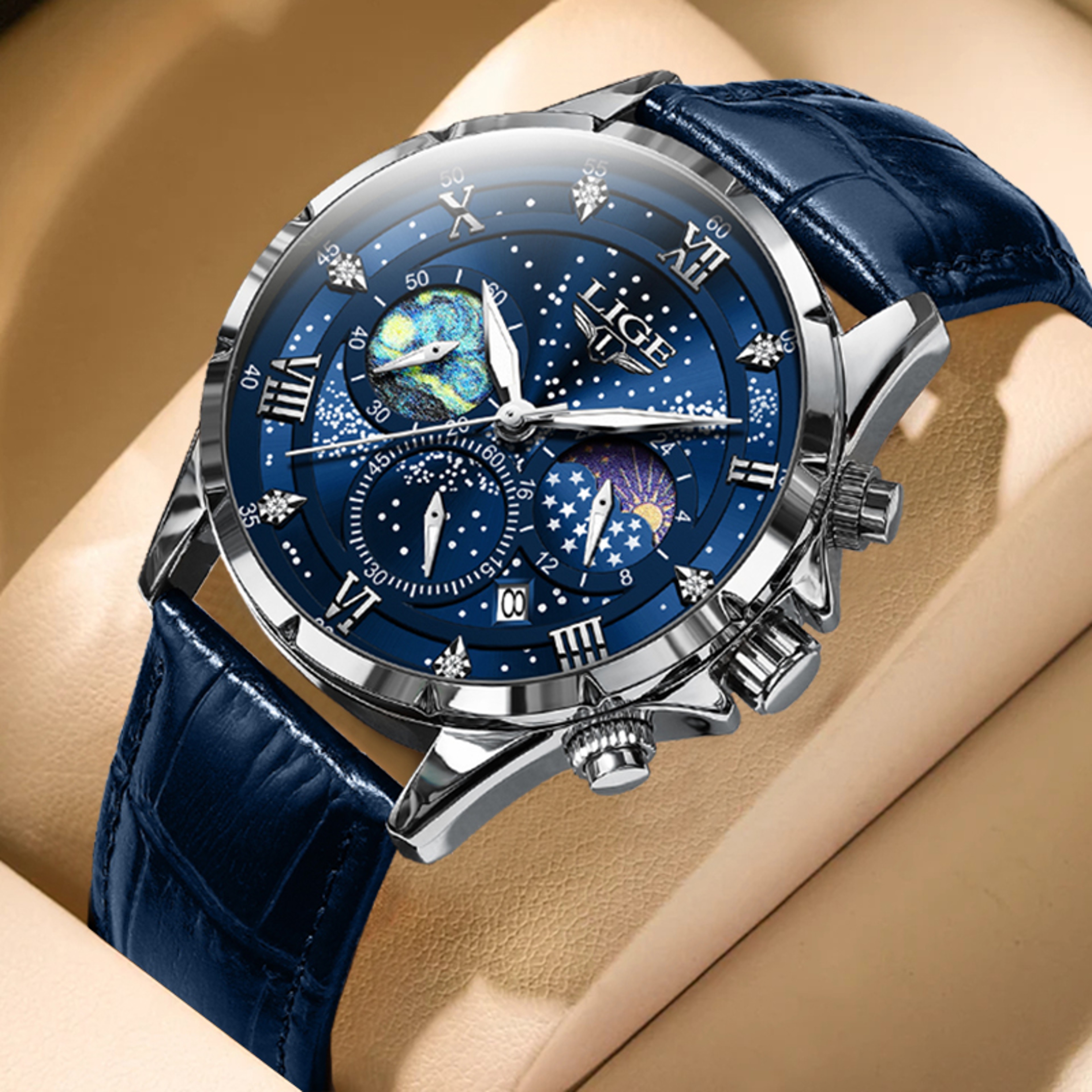 Classic Blue Leather Chronograph Watch For Men Waterproof Quartz Business Wristwatch 1
