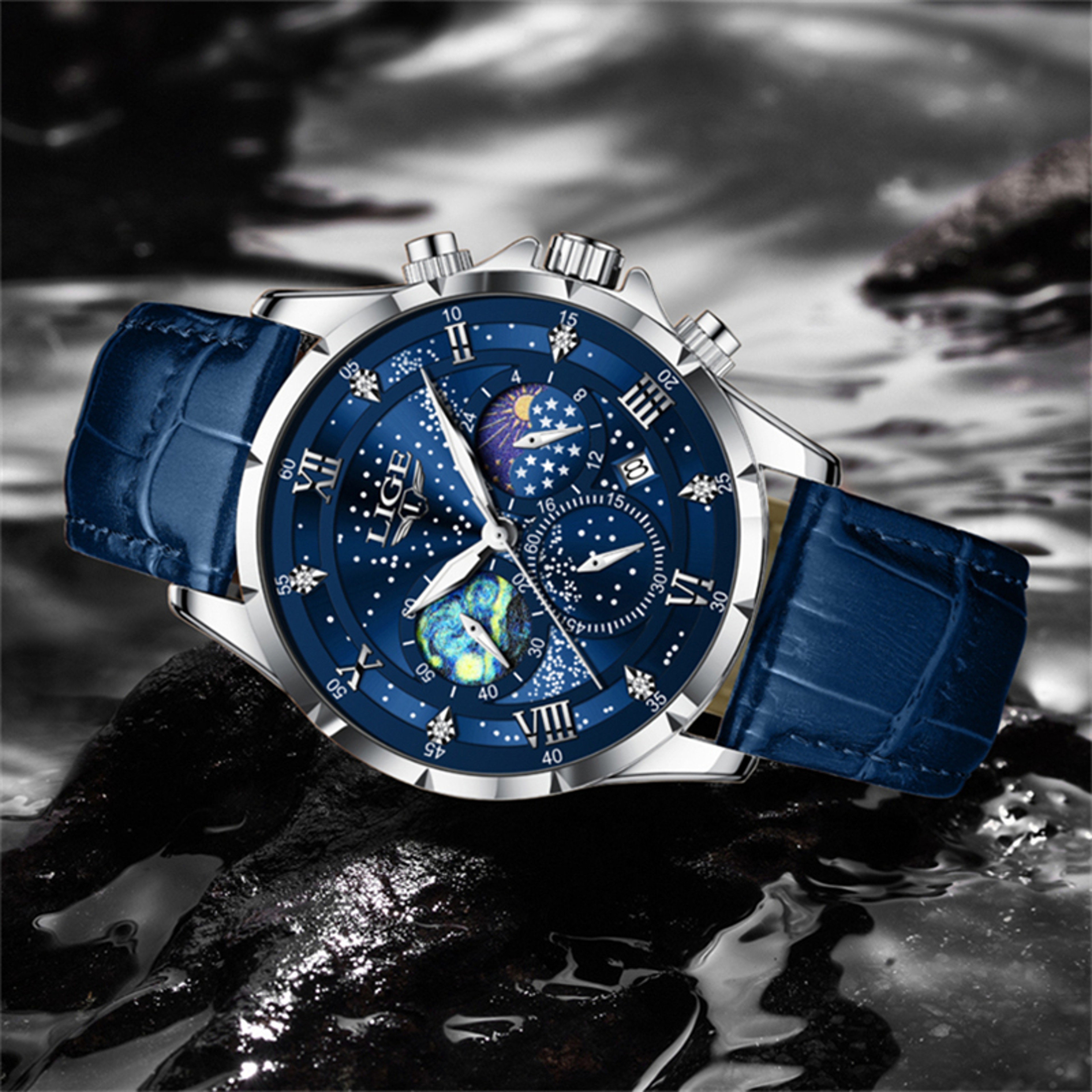 Classic Blue Leather Chronograph Watch For Men Waterproof Quartz Business Wristwatch 0