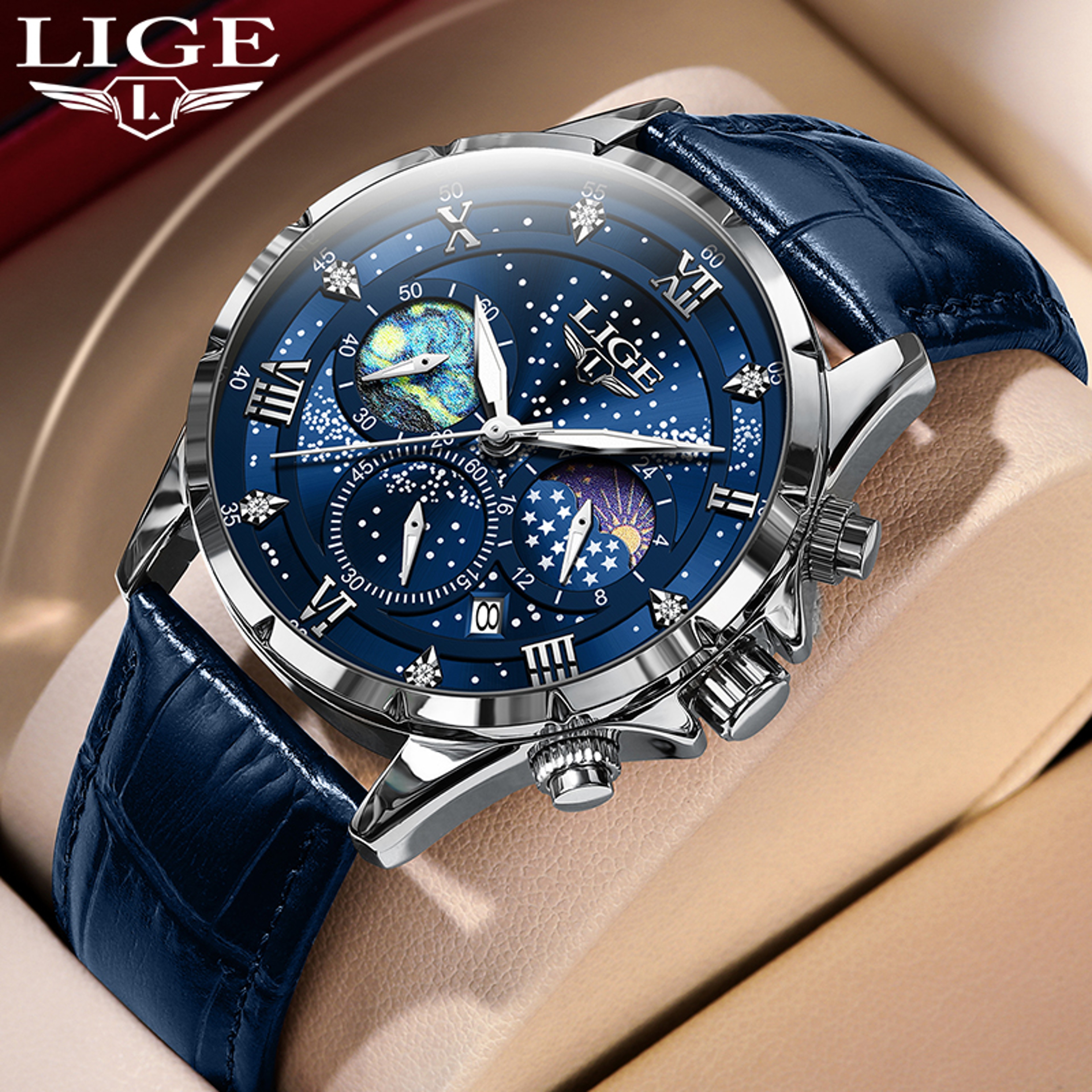 Classic Blue Leather Chronograph Watch For Men Waterproof Quartz Business Wristwatch 8