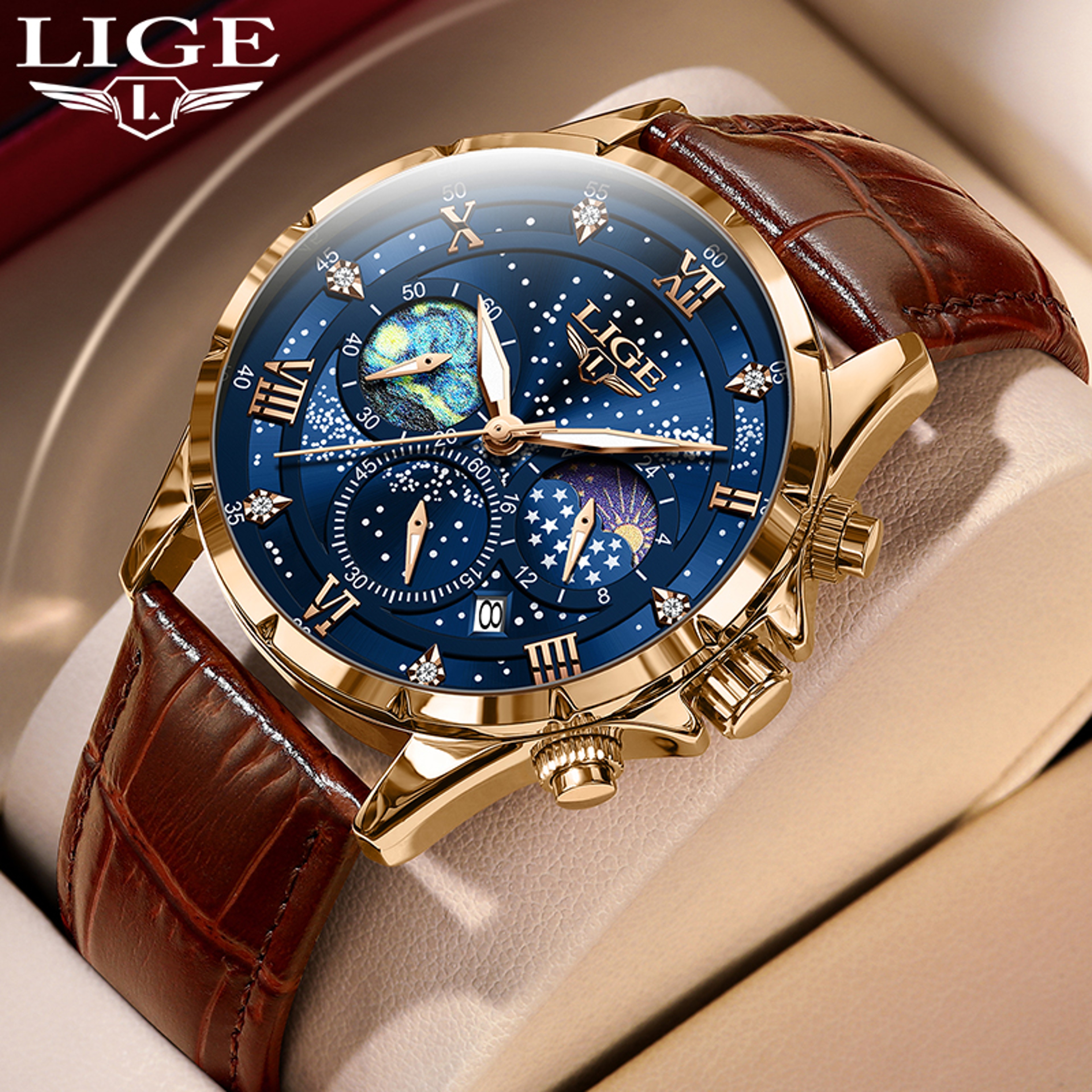 Classic Blue Leather Chronograph Watch For Men Waterproof Quartz Business Wristwatch 9