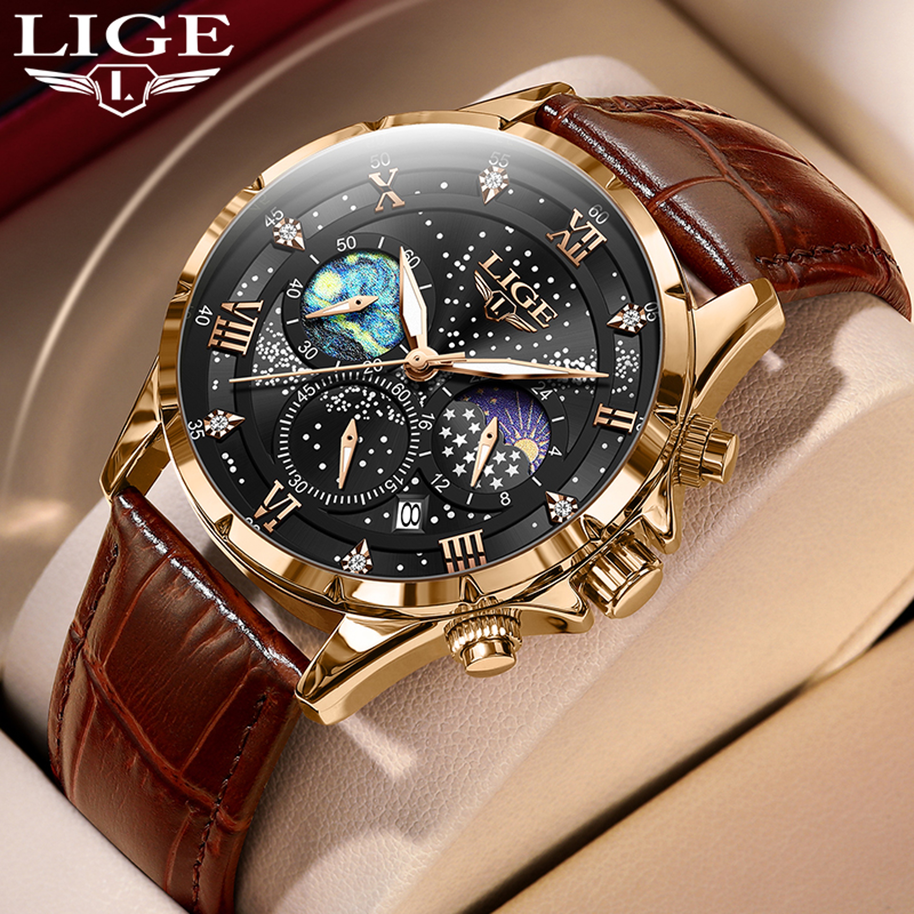 Classic Blue Leather Chronograph Watch For Men Waterproof Quartz Business Wristwatch 10