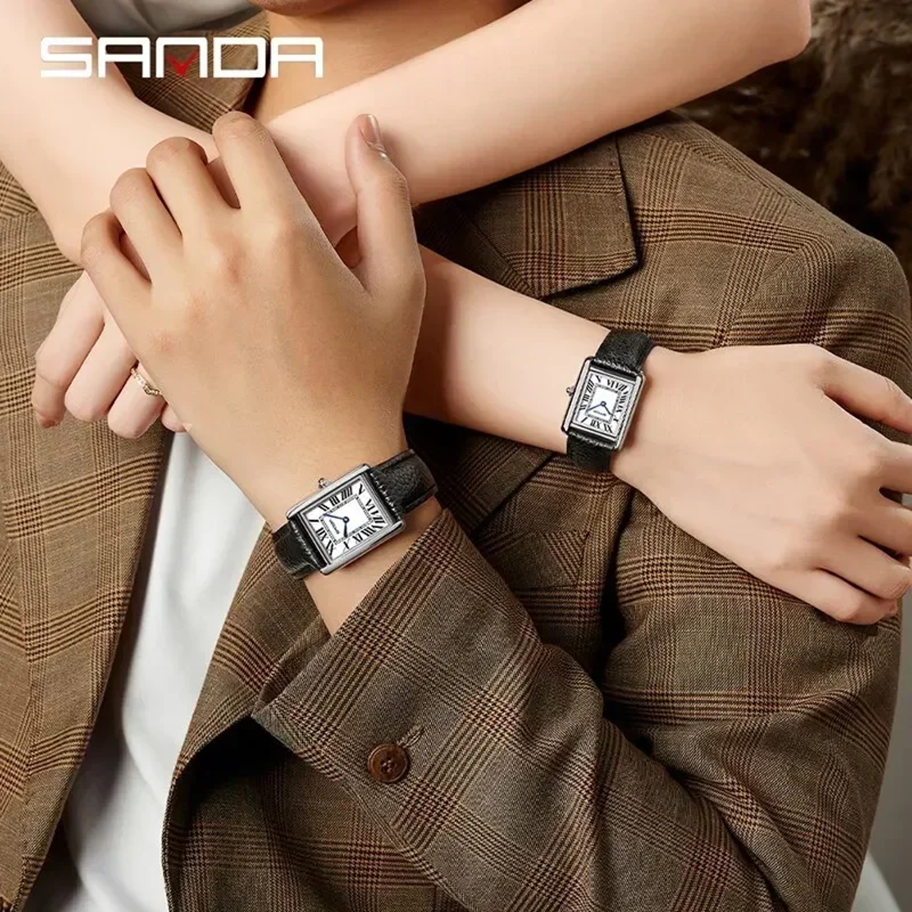 Classic Couple Quartz Watch with Square Dial Leather Strap and Water Resistance – view 6