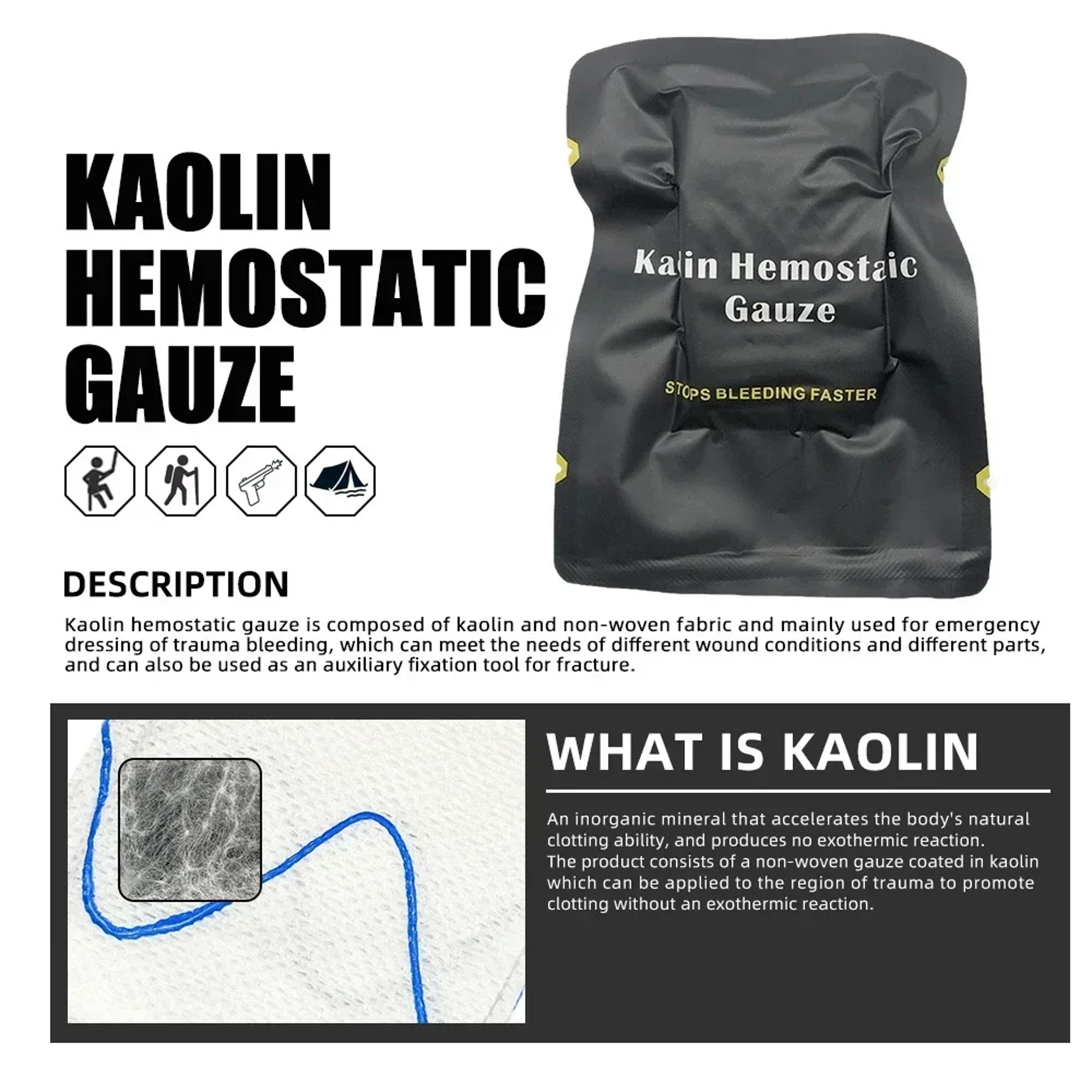 Tactical Kaolin Hemostatic Gauze Emergency Bleeding Control Wound Dressing – view 2
