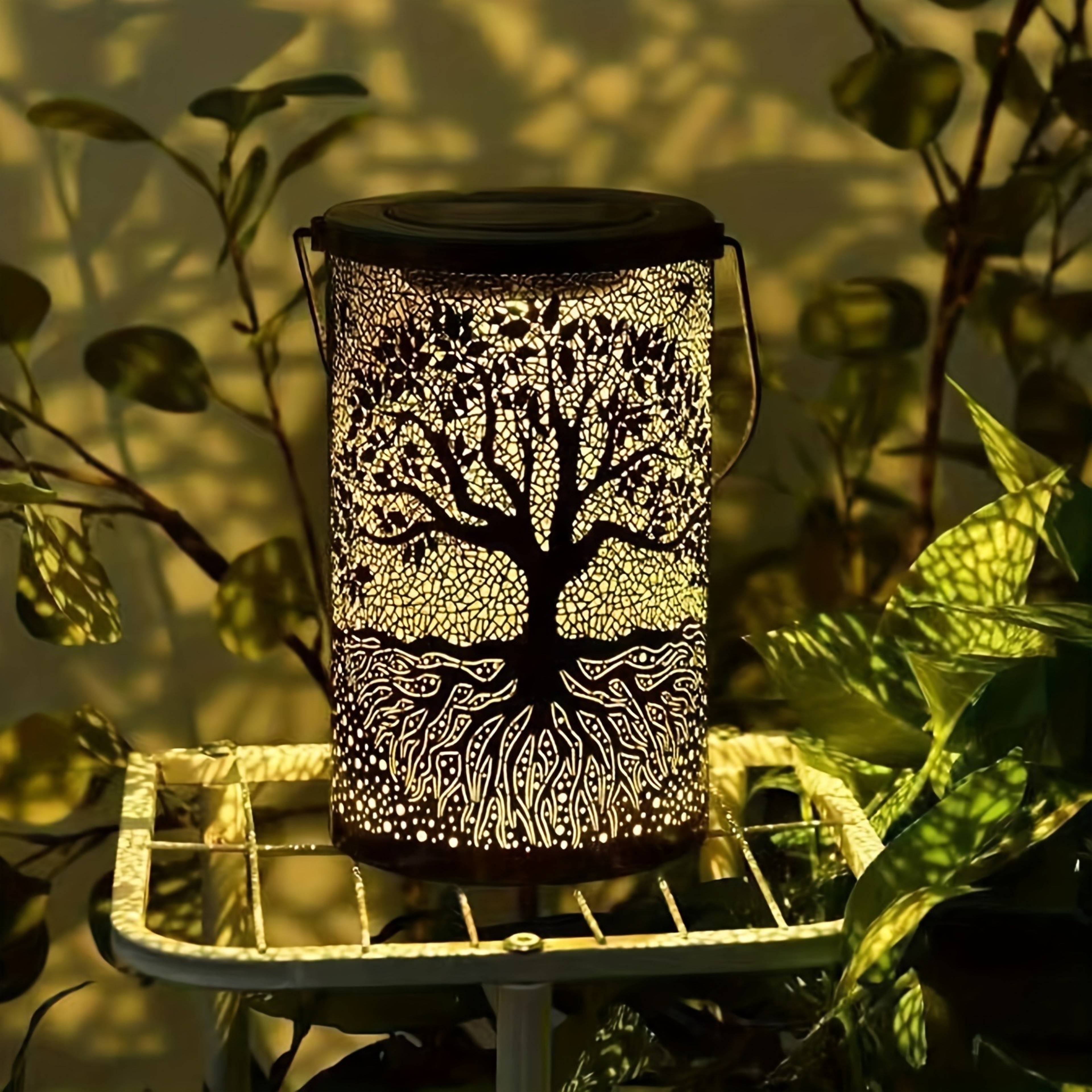 Solar Outdoor Lantern Tree and Leaf Pattern Hanging Garden Light – view 5