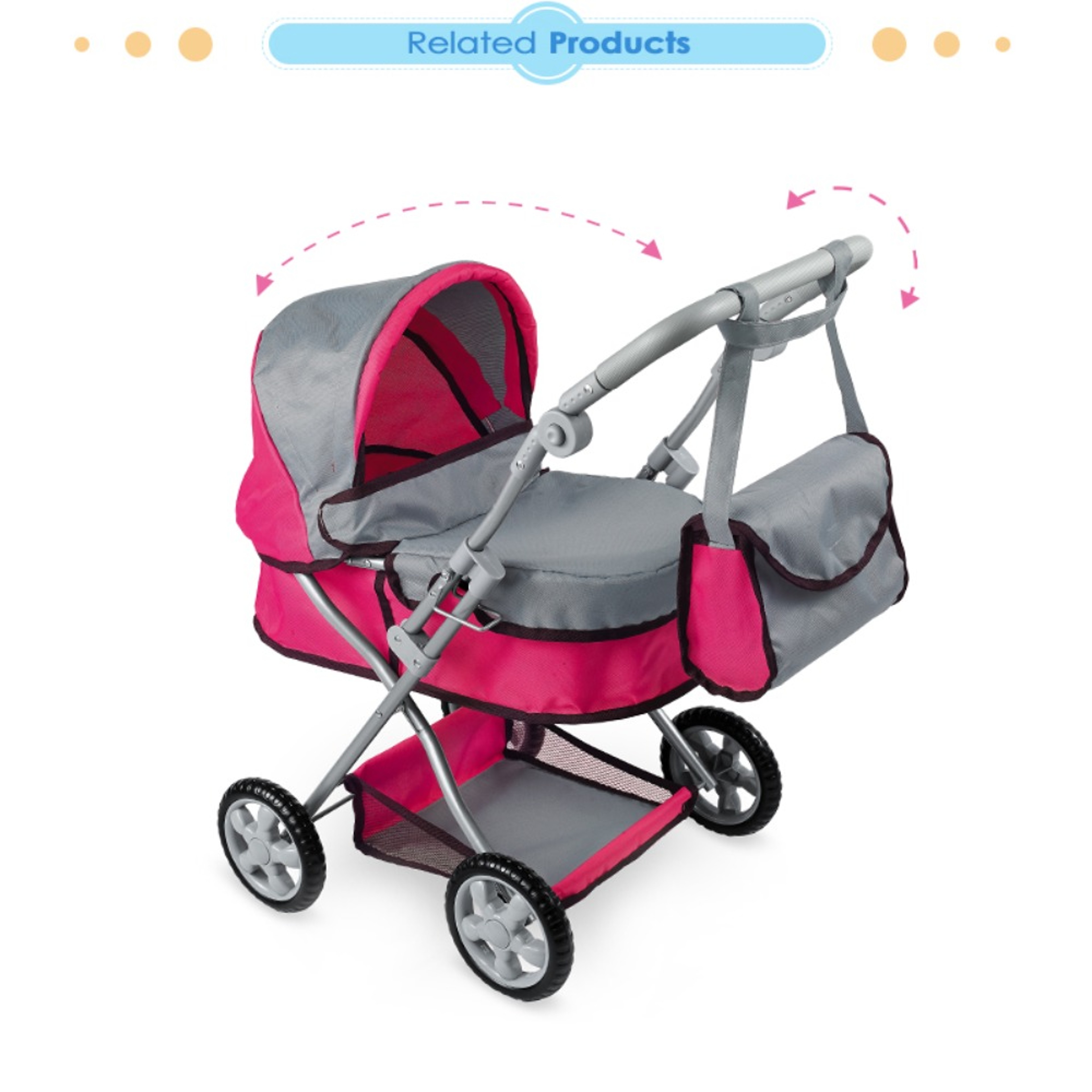 Foldable Baby Doll Stroller Toy Pram With Adjustable Handle And Canopy 0