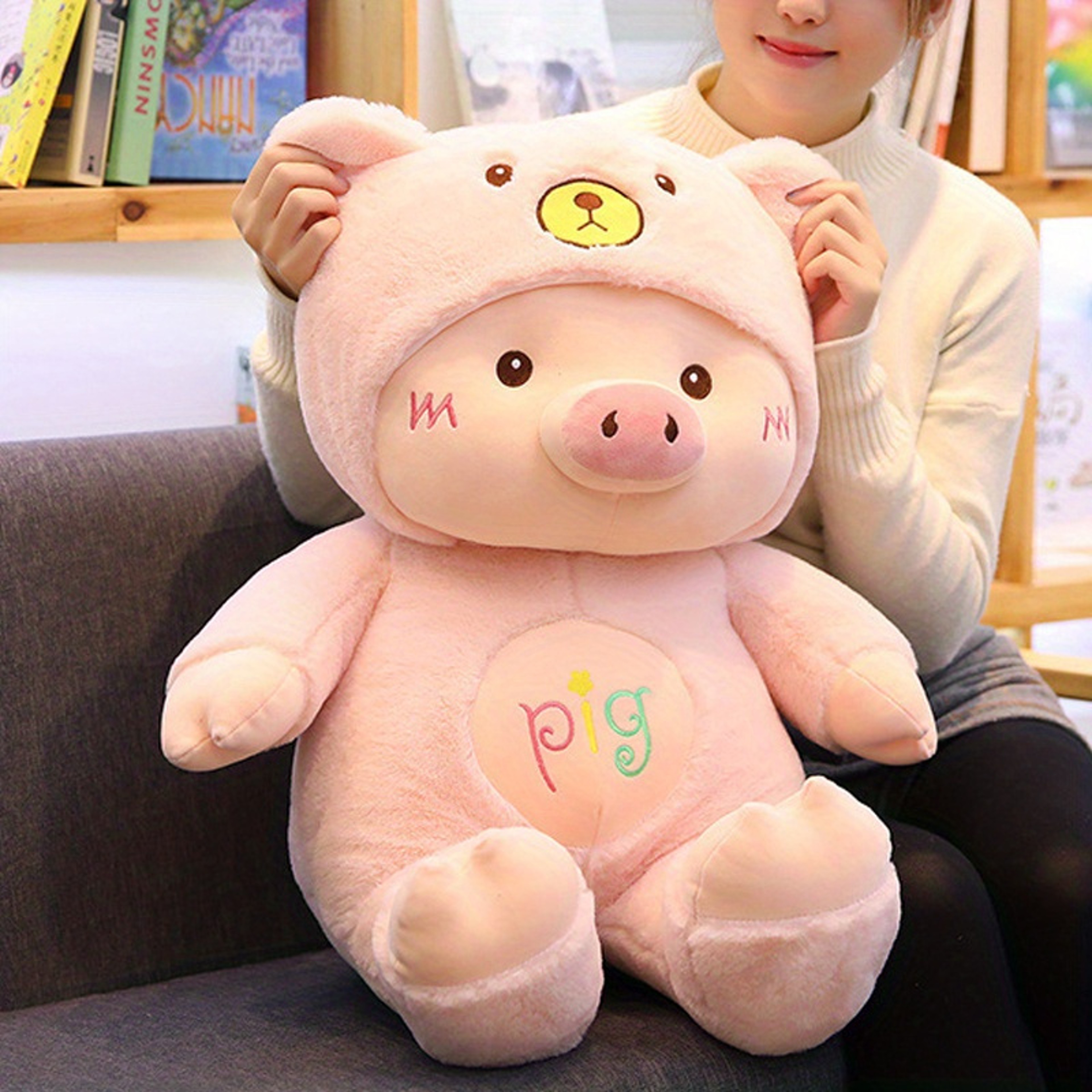 Cute Pig Plush Toy with Bear Hat Soft Stuffed Animal for Kids and Adults – view 3
