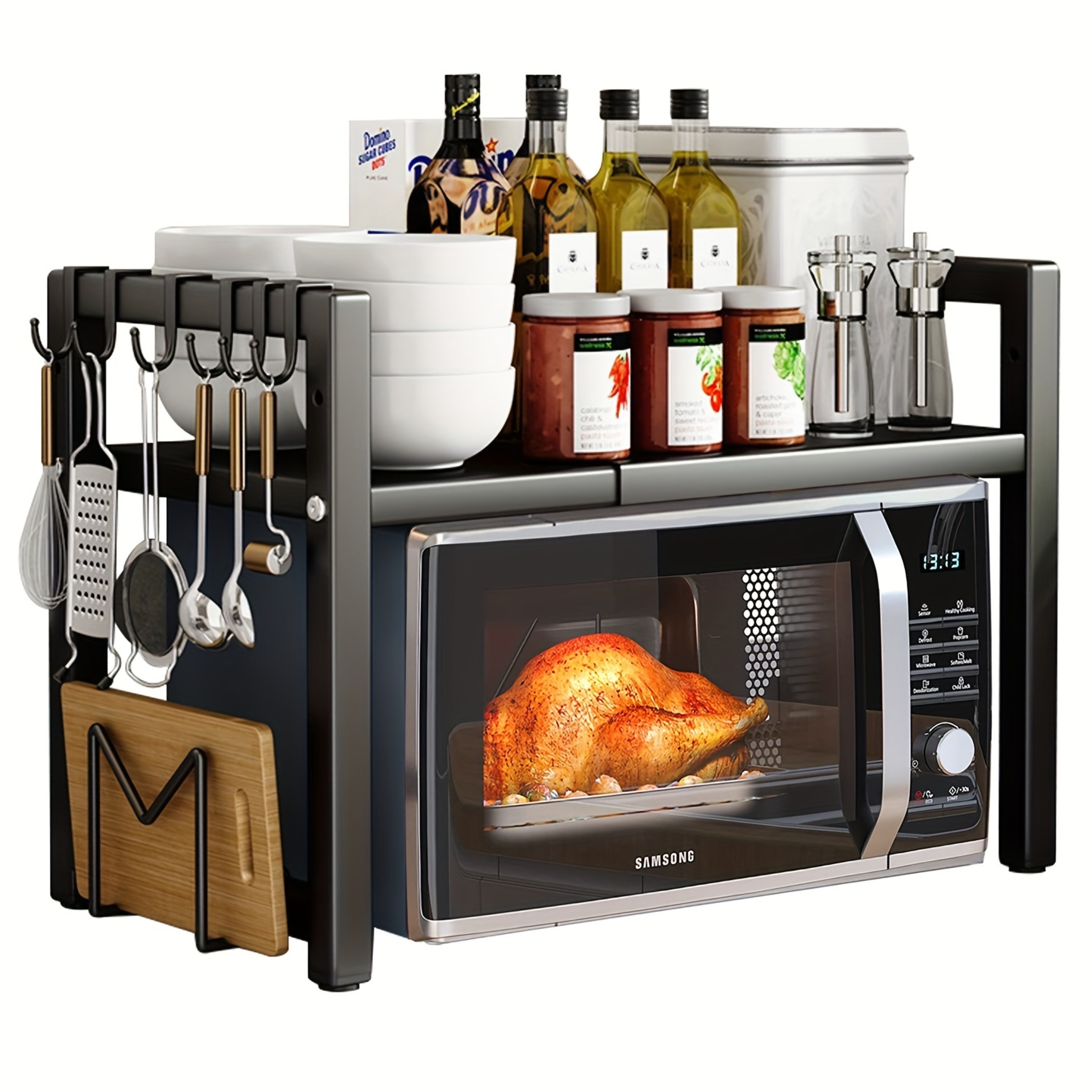 Expandable Microwave Shelf Adjustable Kitchen Storage Rack with Hooks – view 8