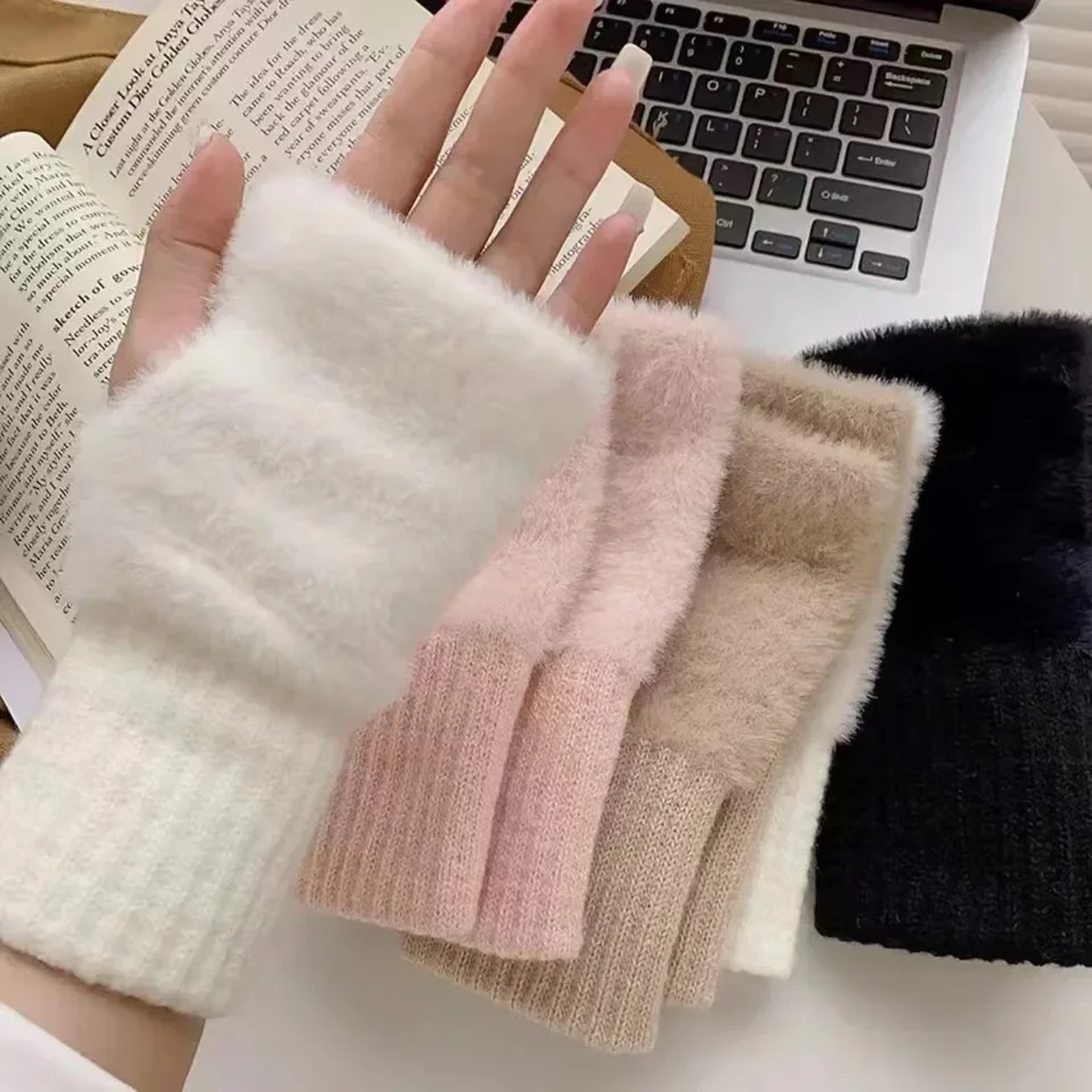 Plush Knit Fingerless Gloves Soft Polyester Half Finger Winter Gloves 0
