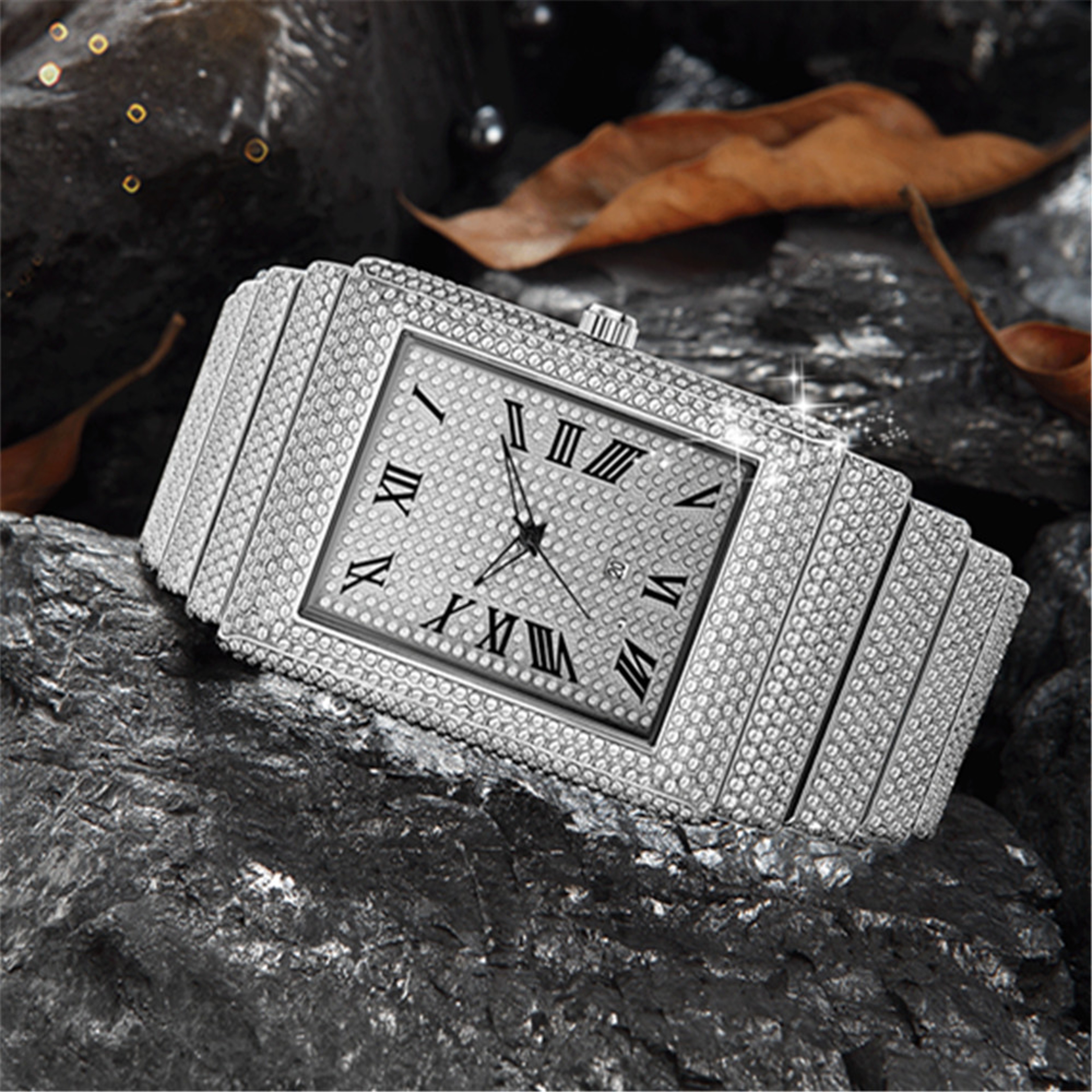 Rectangular Quartz Watch For Men With Roman Numeral Display And Complete Calendar 3