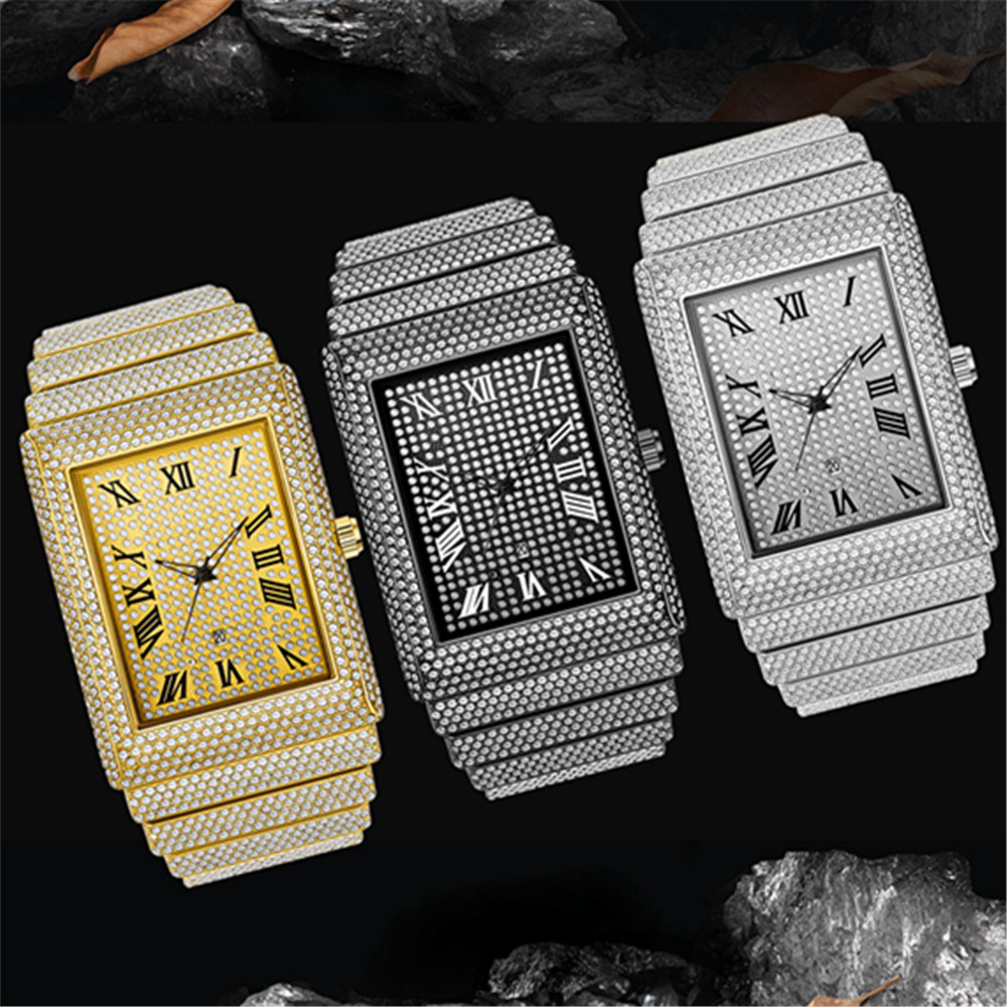 Rectangular Quartz Watch For Men With Roman Numeral Display And Complete Calendar 4
