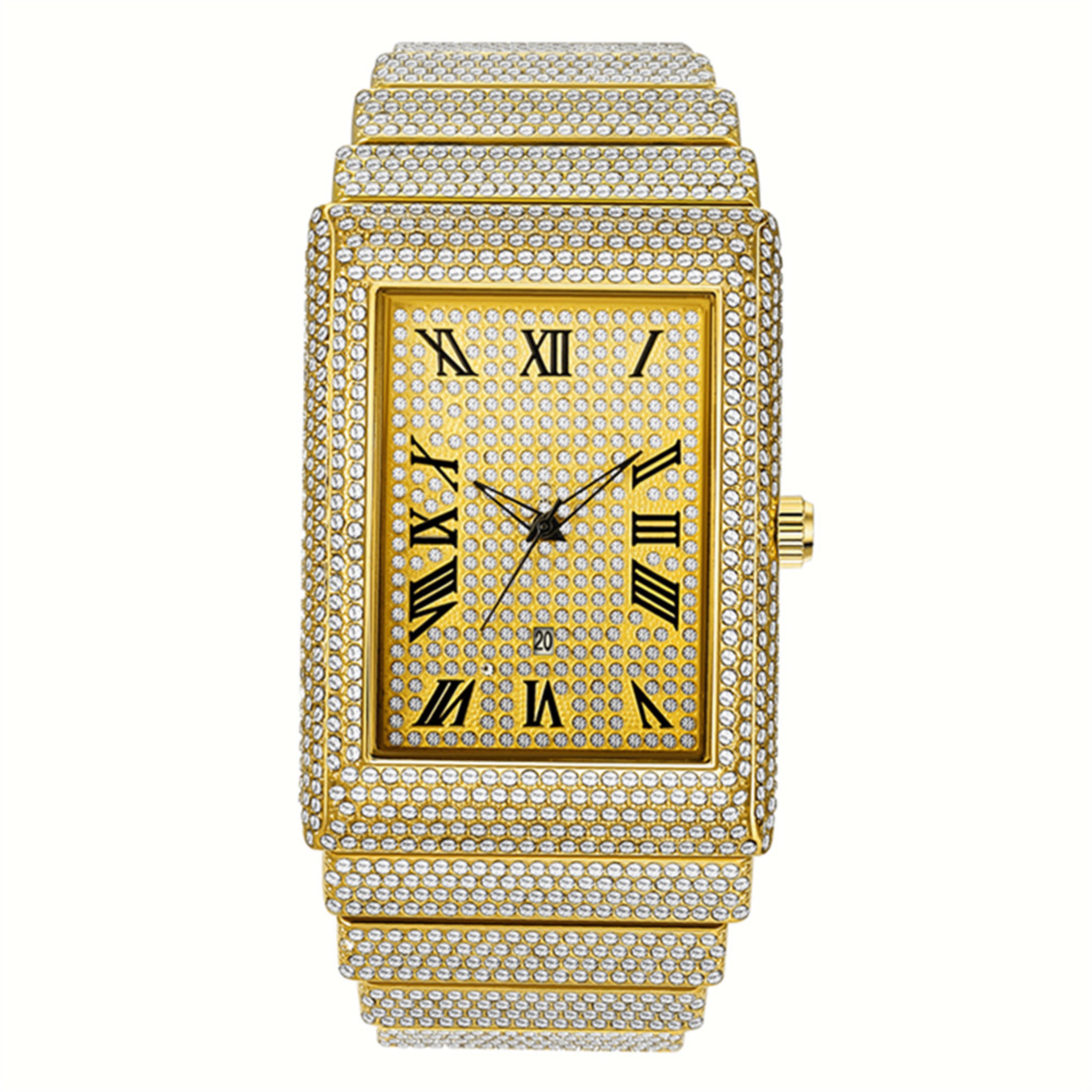 Rectangular Quartz Watch For Men With Roman Numeral Display And Complete Calendar 7