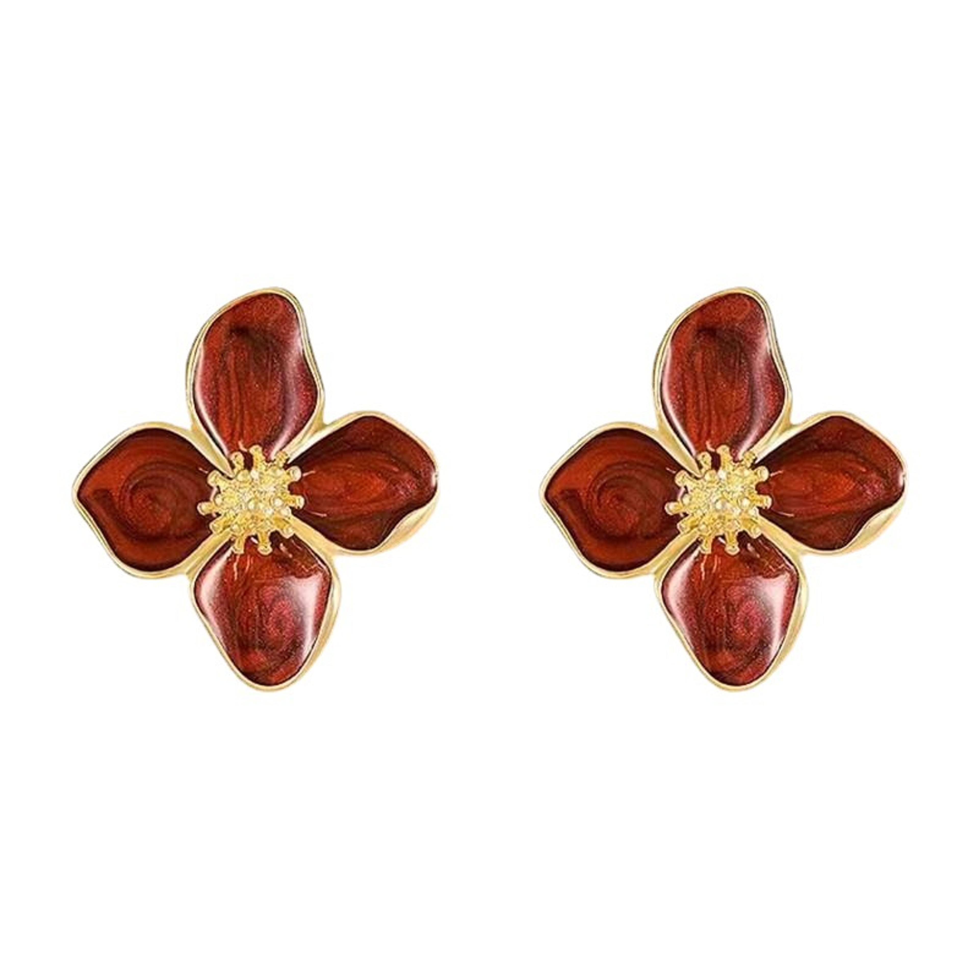 Retro Red Flower Stud Earrings with Zinc Alloy Push Back Design – view 4