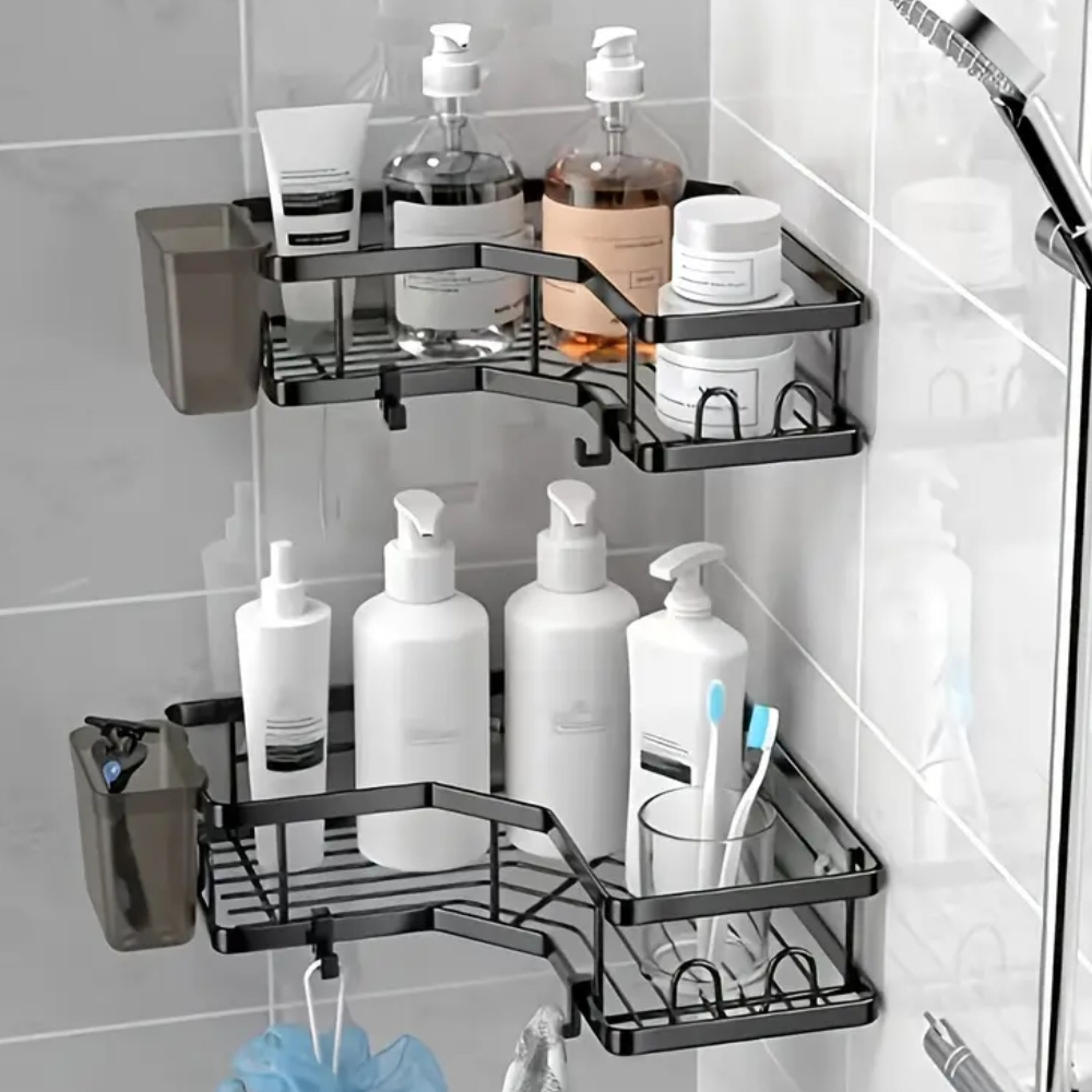 Stainless Steel Dual Tier Corner Bathroom Shelf No Drill Wall Mounted Storage 1